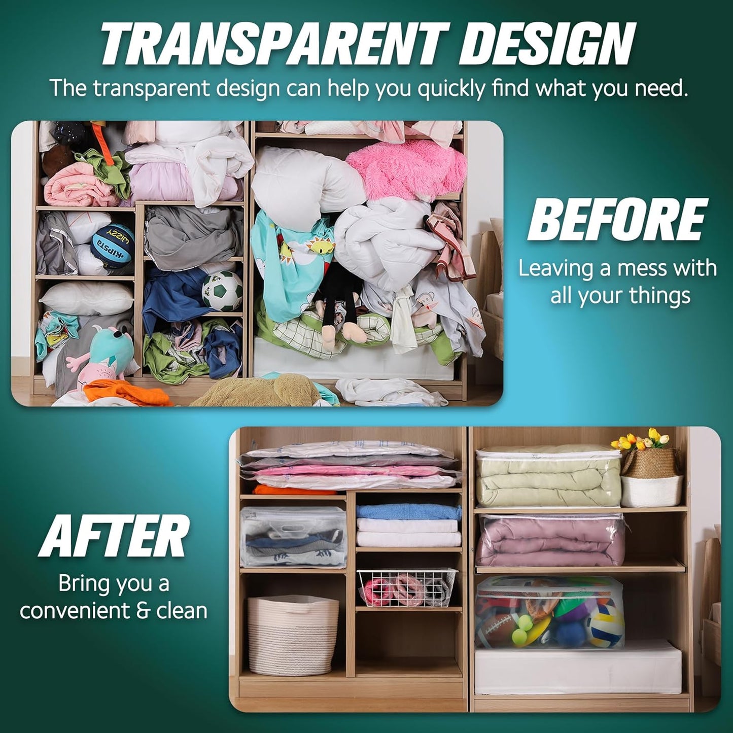 HIBAG 10 Gallon Large Storage Bag for Clothes, Zipper Clothing Storage Bag, Clear Organizer with Reinforced Handles, for Closet and Underbed Storage (4 Pack)