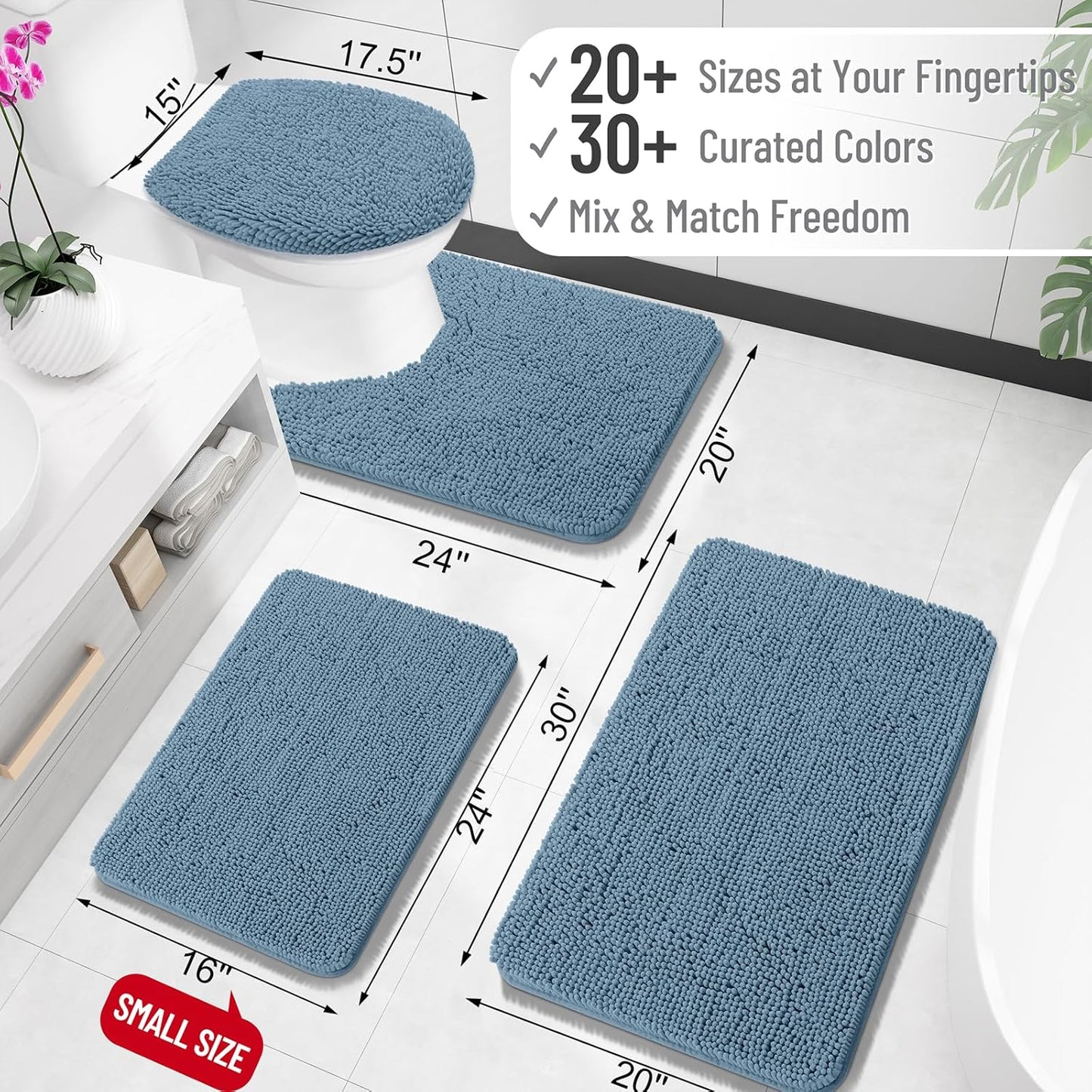 OLANLY Bathroom Rugs 30x20, Extra Soft Absorbent Chenille Bath Rugs, Rubber Backing Quick Dry, Machine Washable Bath Mats for Bathroom Floor, Tub and Shower, Home Decor Accessories, Airy Blue