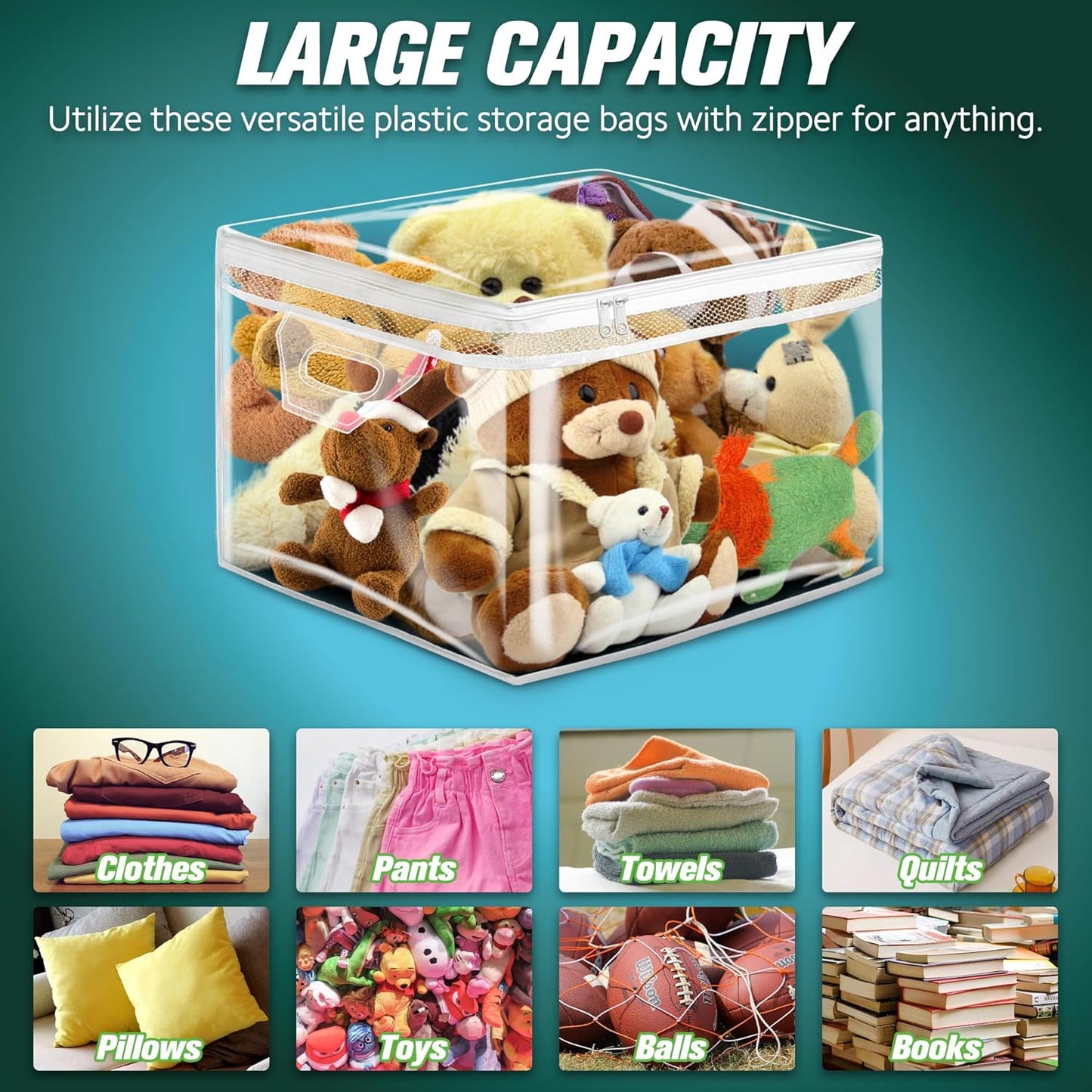 HIBAG 10 Gallon Large Storage Bag for Clothes, Zipper Clothing Storage Bag, Clear Organizer with Reinforced Handles, for Closet and Underbed Storage (2 Pack)