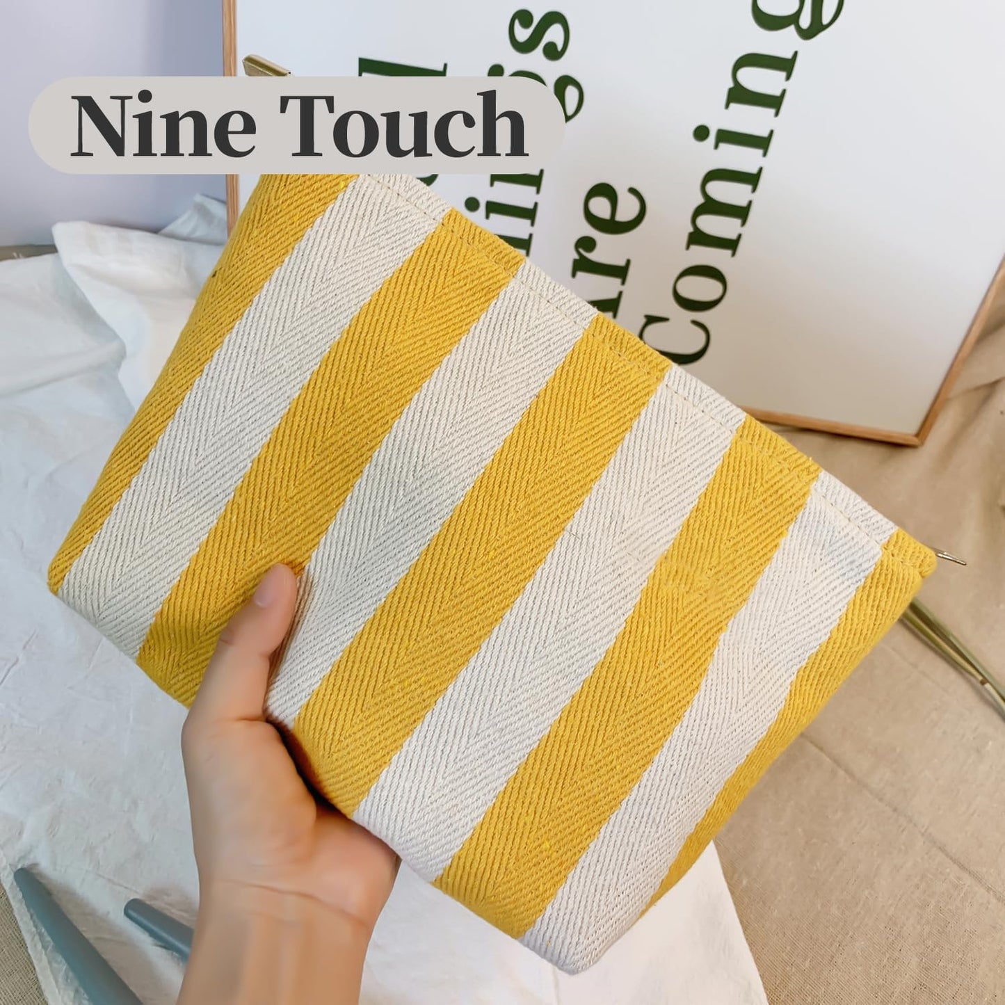 Yellow Striped Makeup Bag for Women, Canvas Cosmetic Bag, Travel Pouches for Purse(10.6" * 7.1" * 2.8"), Zipper Make Up Pouch,Perfect for Storing Makeup And Accessories, Daily Makeup Organizer Gifting