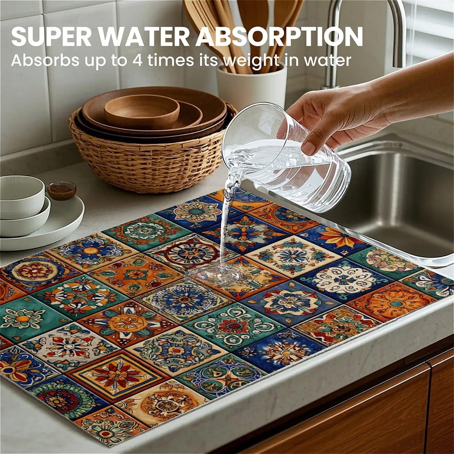 Dish Drying Mat For Kitchen Counter, Talavera Mexican Tiles Microfiber Absorbent Dish Drainer Rack Pad Reusable Large 18x24in Drying Mat