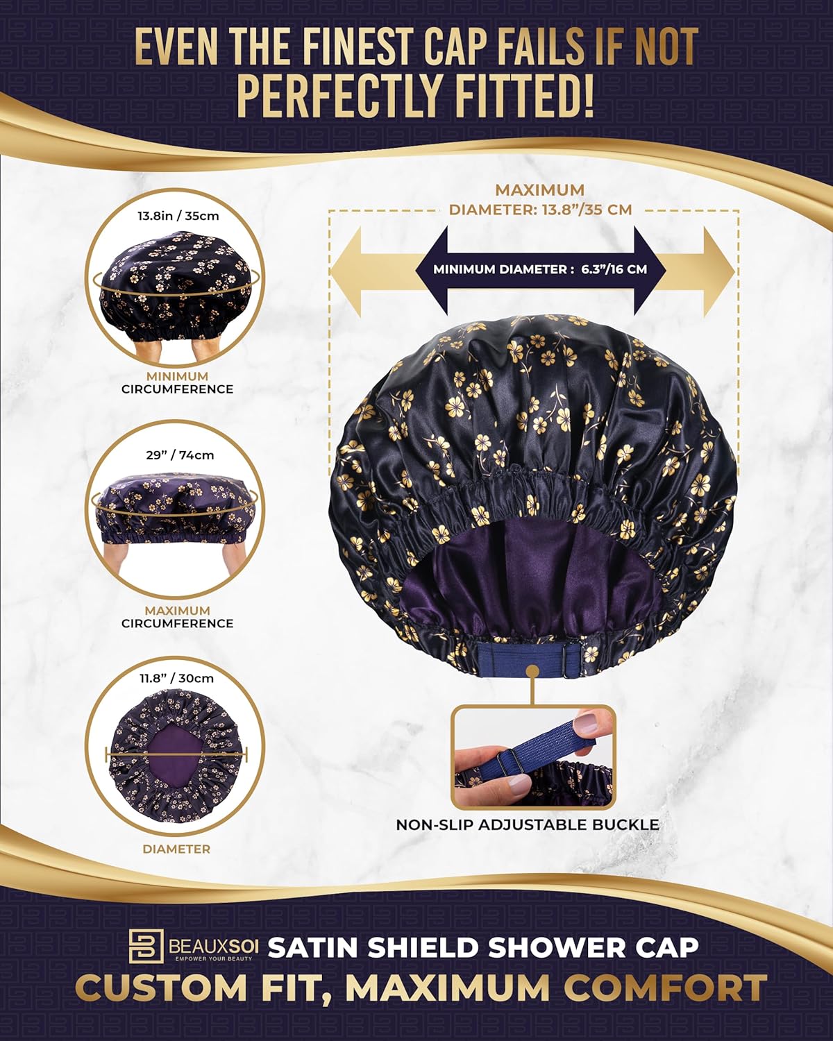 Luxury Reusable Shower Cap for Women - Satin Lined, Adjustable & Waterproof - Keeps Hair Dry- Durable Hair Bonnet by BEAUXSOI (Fleur de Nuit) - Floral design