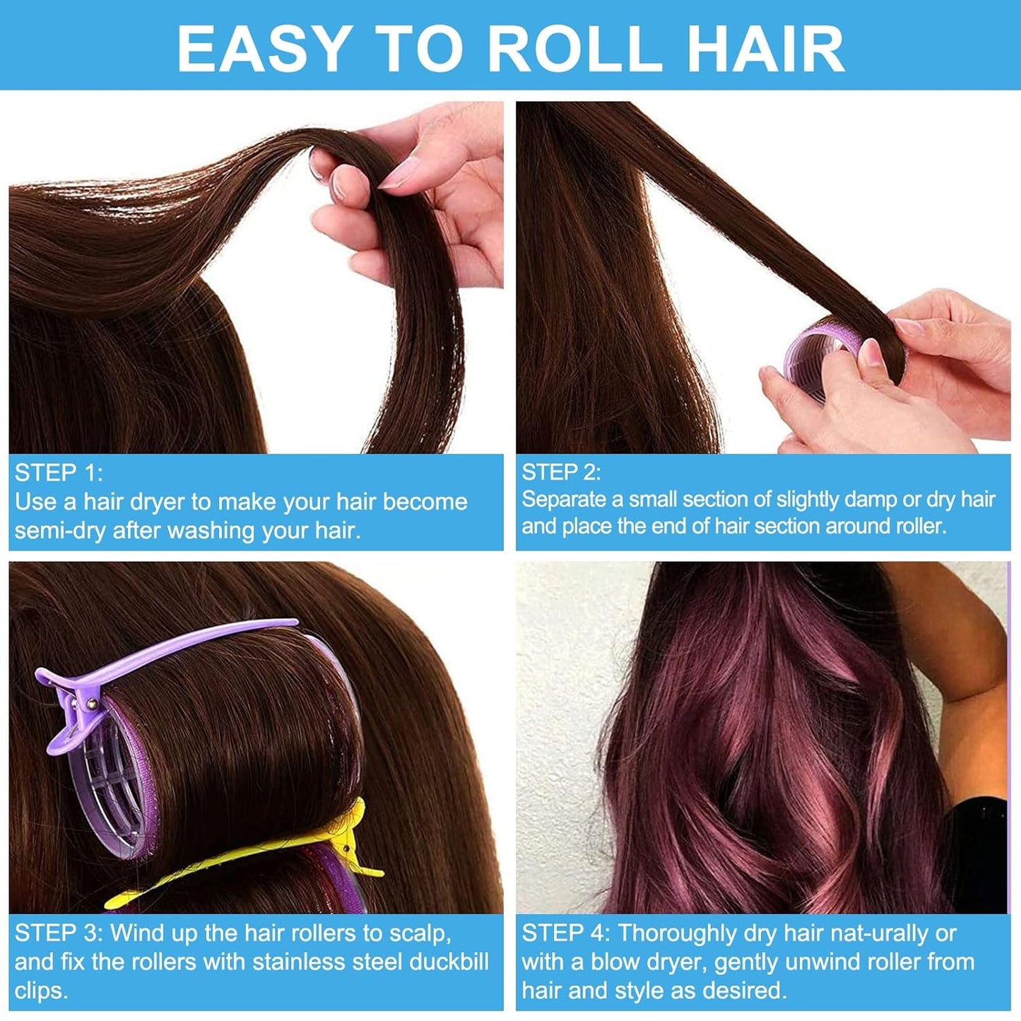 12 Piece Hair Roller Set with Clips, Self Grip Hair Rollers Hair Curler for Long Medium Short Hair, Random Color (4.4cm)