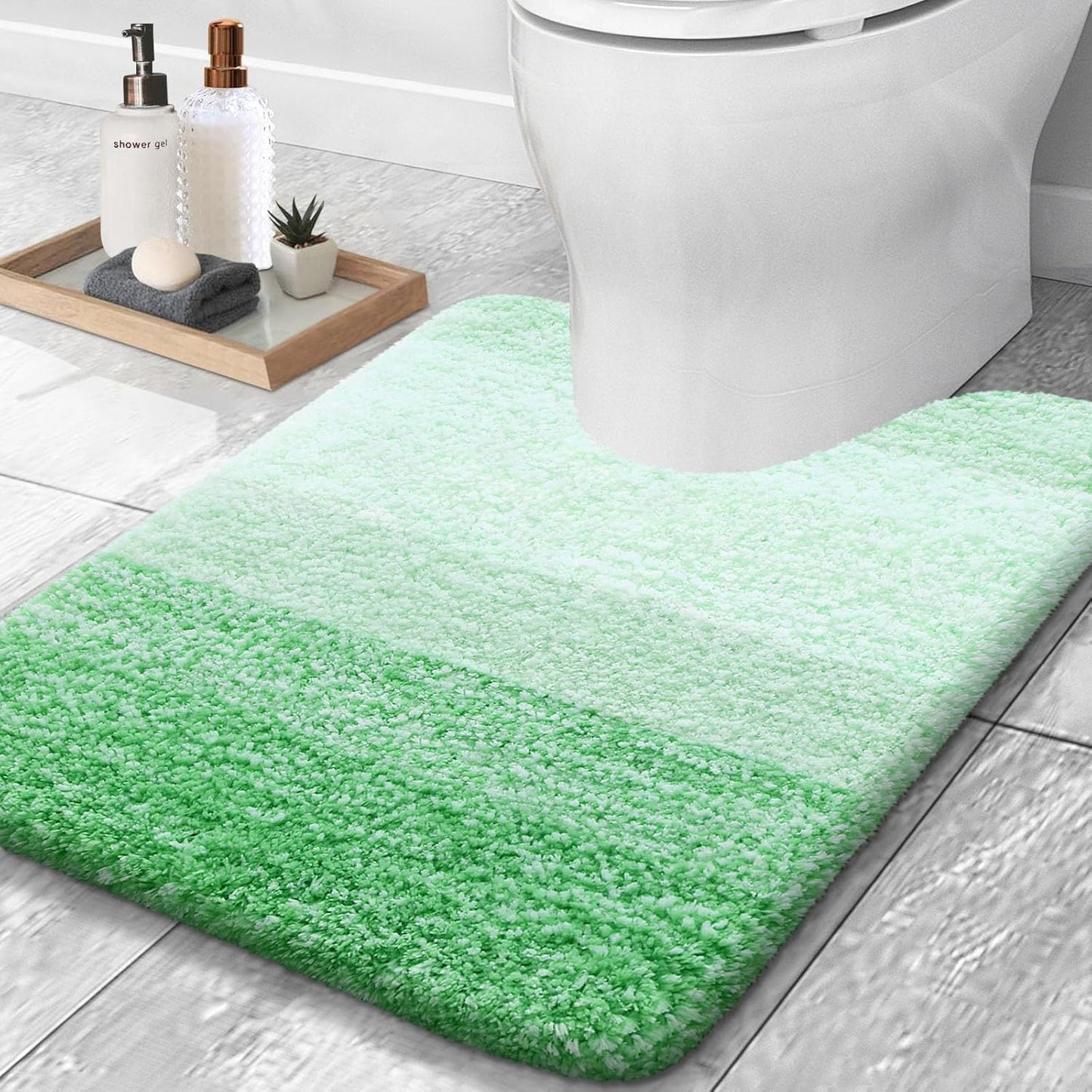 OLANLY Luxury Toilet Rugs U-Shaped 24x20, Extra Soft and Absorbent Microfiber Bathroom Rugs, Non-Slip Plush Shaggy Bath Mat, Machine Wash Dry, Contour Bathroom Mats for Toilet Base, Green