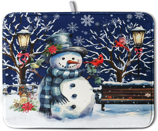 Winter Snowman Dish Drying Mat for Kitchen Counter 18x24, Xmas Snowflakes Dish Drainer Mat Snowy Night Drying Kitchen Mats Cardinal Birld Dish Pad Absorbent Reversible Coffee Mats for Dishes