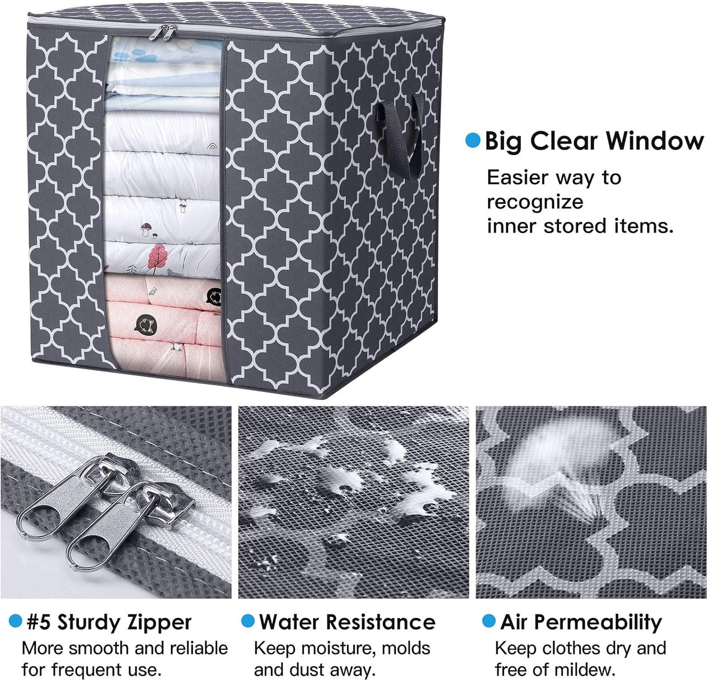 WISELIFE Storage Bags 4 Pack/100L Large Blanket Clothes Organization and Storage Containers for Comforters,Bedding, Foldable Organizer with Reinforced Handle, Clear Window, Sturdy Zippers,Gray