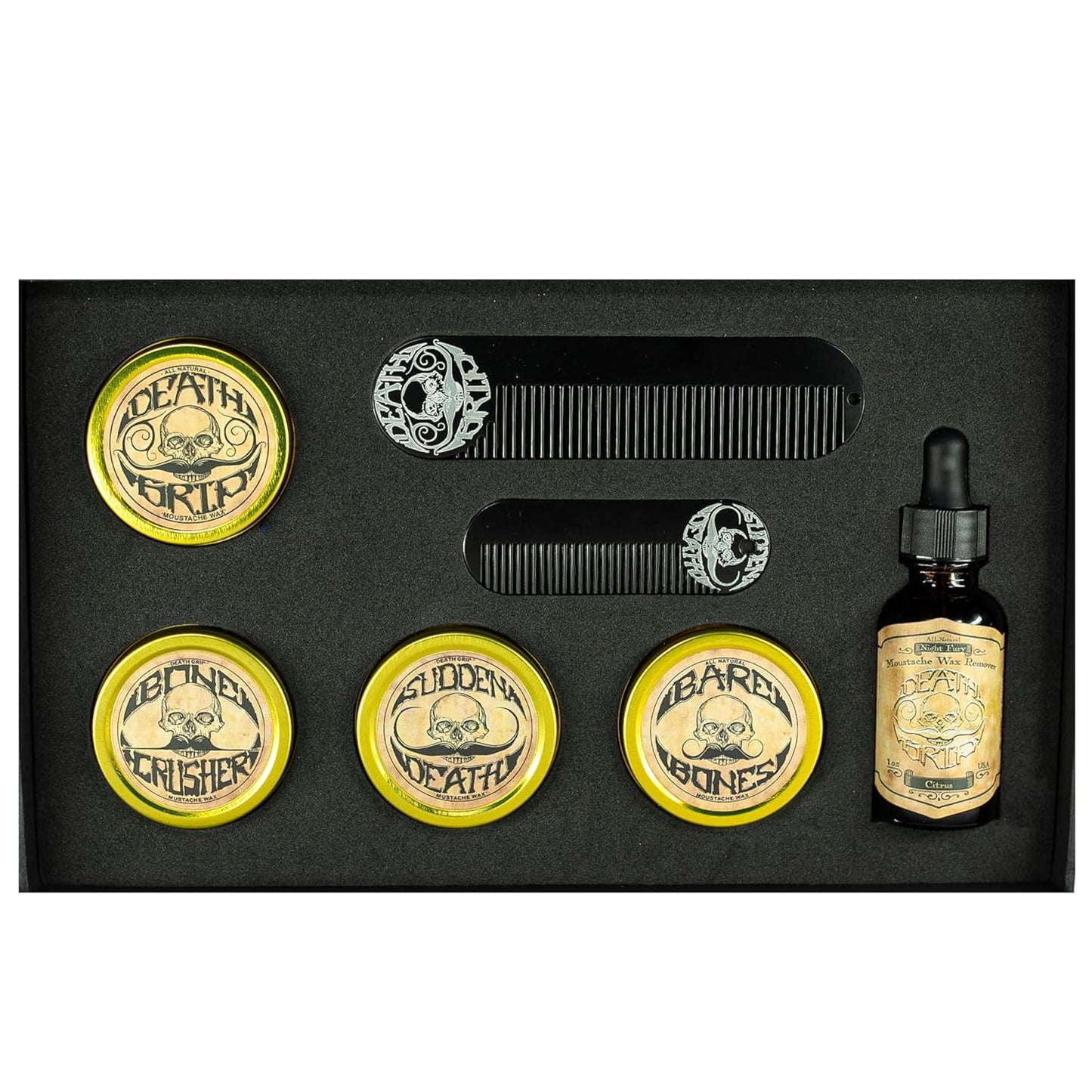 THE VINTAGE GROOMING CO. Gold Standard Mustache Kit - 4 One Ounce Mustache Wax, 2 Combs, 1 Night Fury Mustache Wax Remover Oil