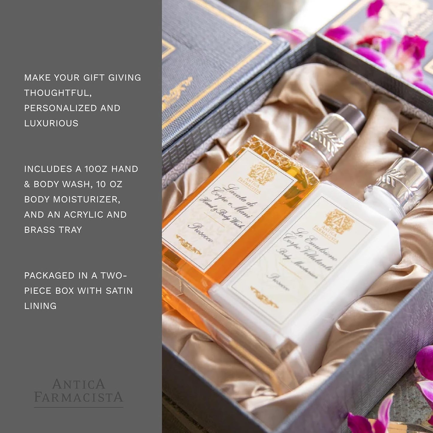Antica Farmacista Acrylic Bath & Body Gift Set - Includes Body Wash, Body Moisturizer & Acrylic Tray - Bath & Body Gift Set for Women - Prosecco