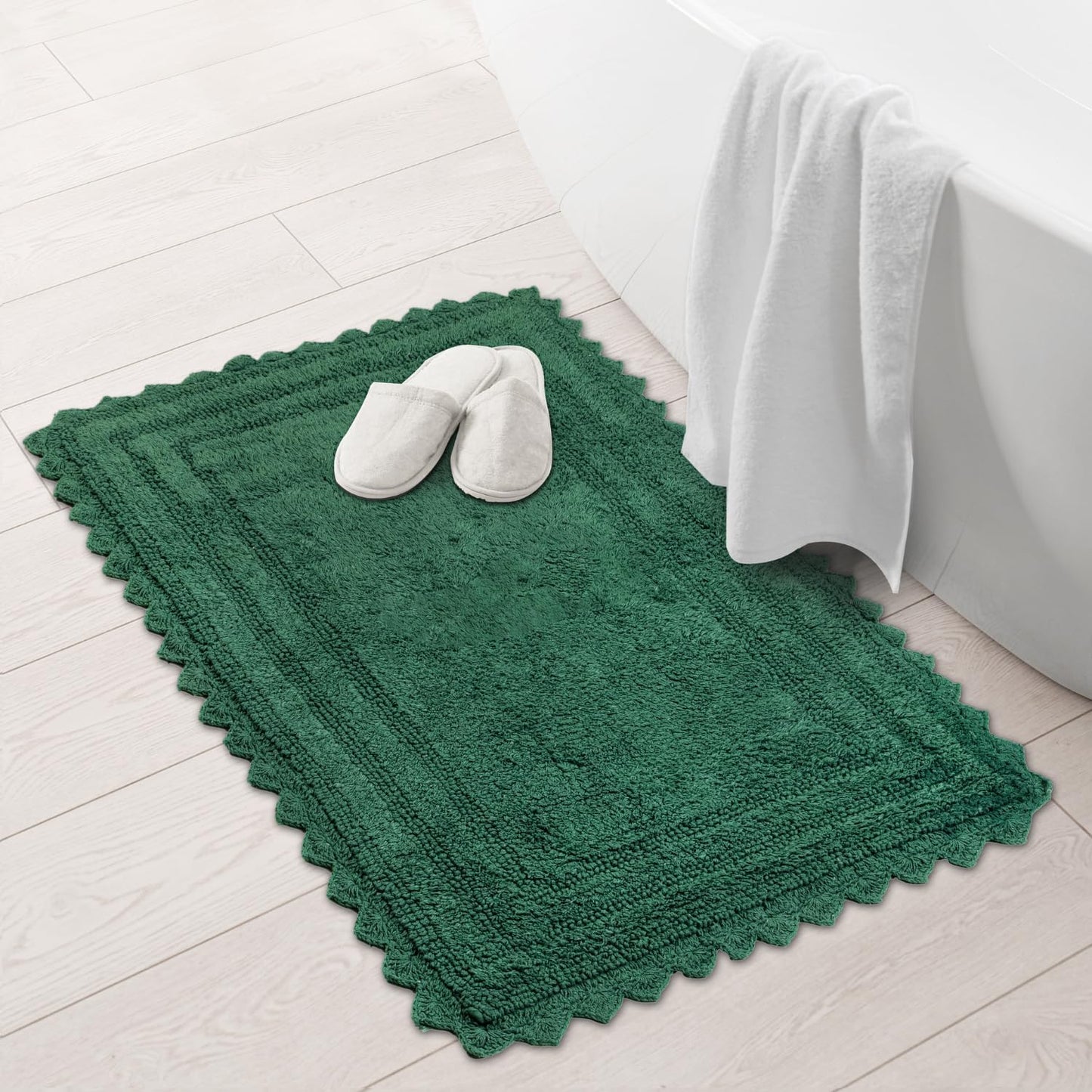 RAJRANG Foliage Green Cotton Crochet Bath Mat | 34x21 Inch Reversible Rectangle Bathroom Rug | Soft, Absorbent, and Handmade Woven Mat for Bathroom or Spa