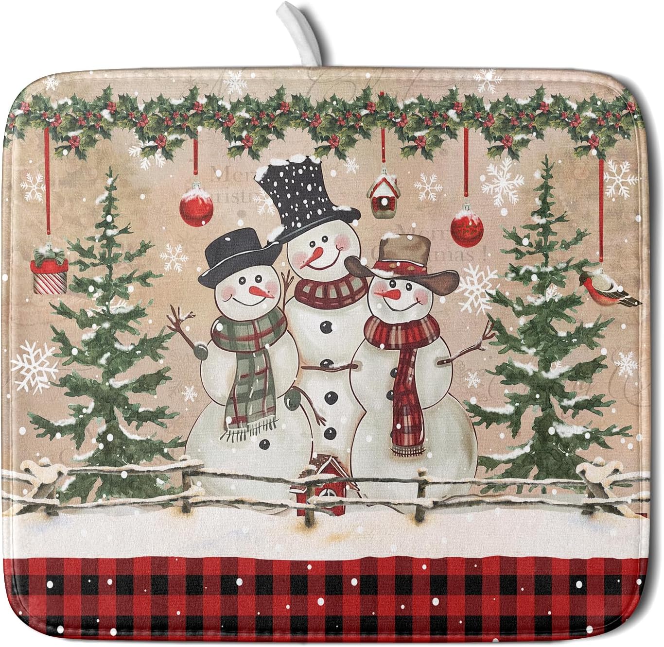 Winter Snowman Dish Drying Mat 16x18 Inch Red Buffalo Plaid Holiday Dish Drainer Mat Absorbent Dish Rack Pad for Kitchen Counter Sink Decor