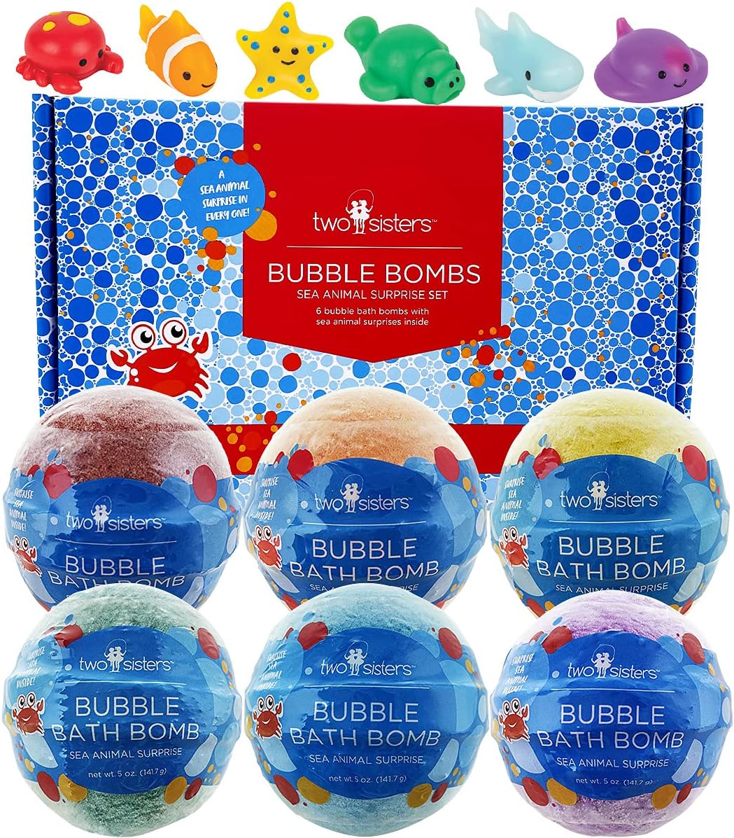 Sea Animal Bath Bombs for Kids with Surprise Toys Inside (6 Pack) - Bubble Bomb Stocking for Girls and Boys, Gentle and Safe Ingredients, USA Made, Ideal Gift for Children & Teens by Two Sisters