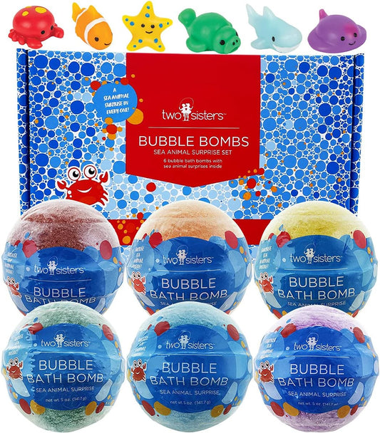 Sea Animal Bath Bombs for Kids with Surprise Toys Inside (6 Pack) - Bubble Bomb Stocking for Girls and Boys, Gentle and Safe Ingredients, USA Made, Ideal Gift for Children & Teens by Two Sisters