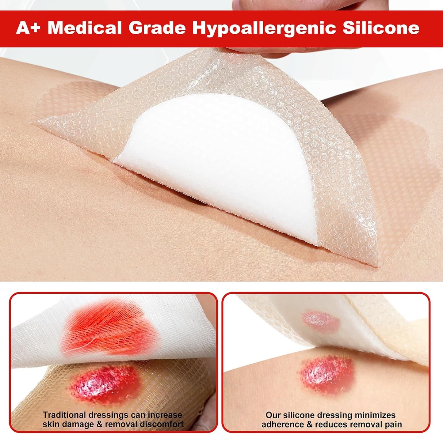 FRESINIDER 7"x7" (Pack of 5) Wound Silicone Sacral Foam Dressing - Sacrum Foam Adhesive with Border - Waterproof Absorbent Breathable Bed Sore Pressure Pads