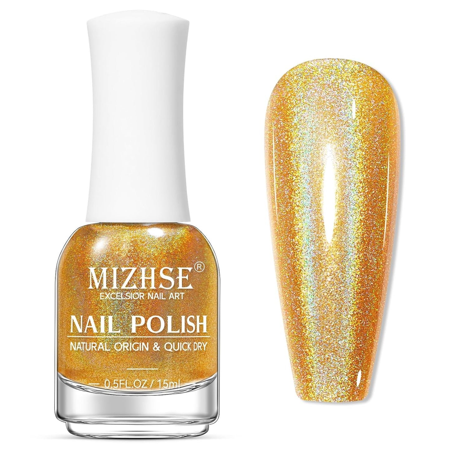 MIZHSE Holographic Nail Polish, Gold Glitter Nail Polish Air Dry Fast, 15 ml 0.5 fl oz High Glossy Shiny Nail Pigment Oil-based Laser Iridescent Chrome Halo Nail Art Salon Manicure Home