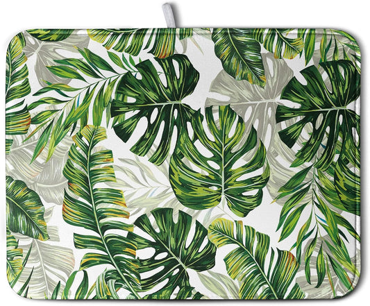 Tropical Palm Leaves Dish Drying Mat for Dishes 16x18 Inch Spring Green Monstera Leaf Drying Mat Watercolor Herbs Dish Drainer Mat Super Absorbent Dish Rack Pad for Coffee Bar Sinks