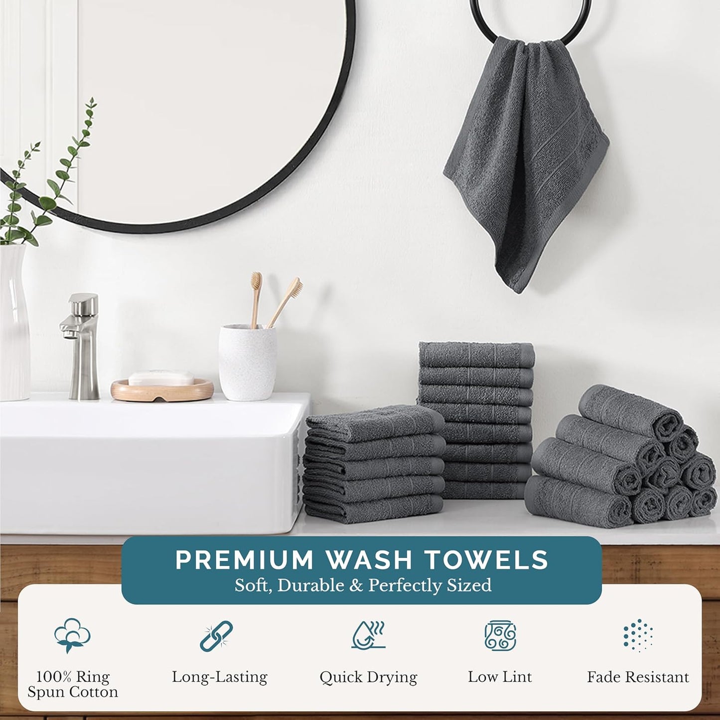 Casa Platino Wash Cloths Set of 24- Spa & Salon Quality - 100% Ring Spun Cotton Face Towels - Soft & Ultra Absorbent Washcloths for Body, Beauty, Home, Gym - Fingertip Towels - 13"x13", Cool Grey