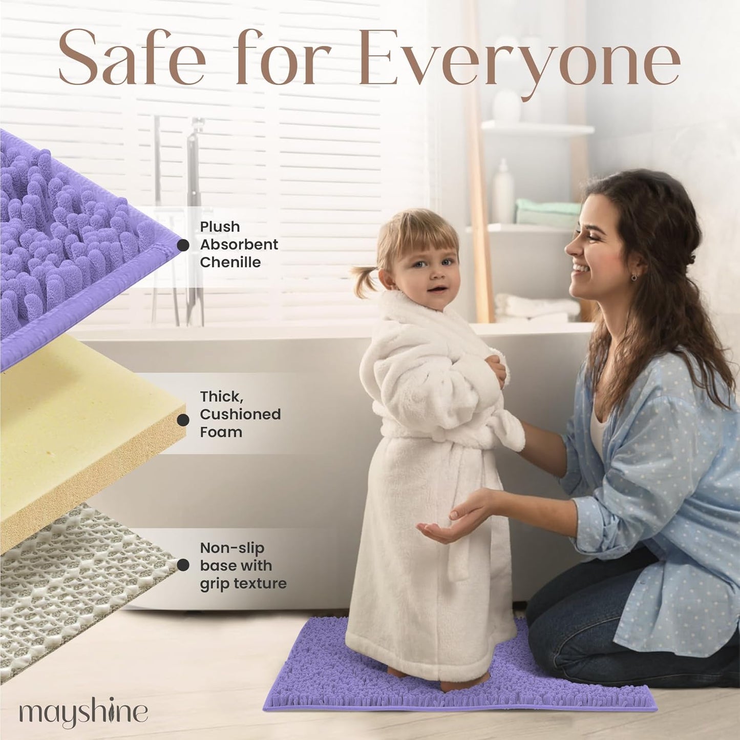 MAYSHINE Plush Shaggy Chenille Bath Mat | Extra Soft, Super Absorbent, Non-Slip Bathroom Rug | Fluffy Microfiber, Area Rug Sets for Bathroom Floor, Kitchen, Living Room | 32"x20" | Lavender