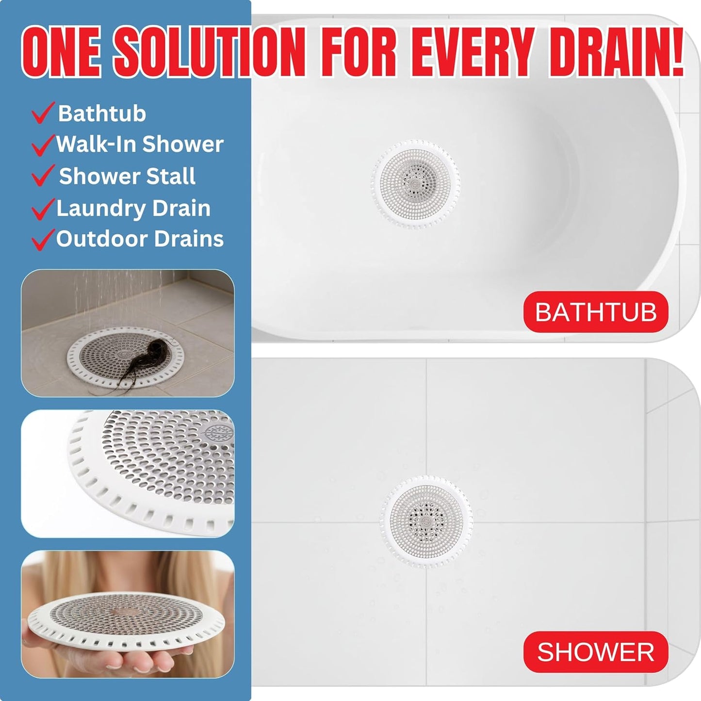 Shower Drain Hair Catcher – Ultra ShowerRing 5" Drain Cover for Flat & Domed Floors | Stainless Steel Hair Trap with Silicone Rim | High-Flow Strainer Prevents Clogs - White