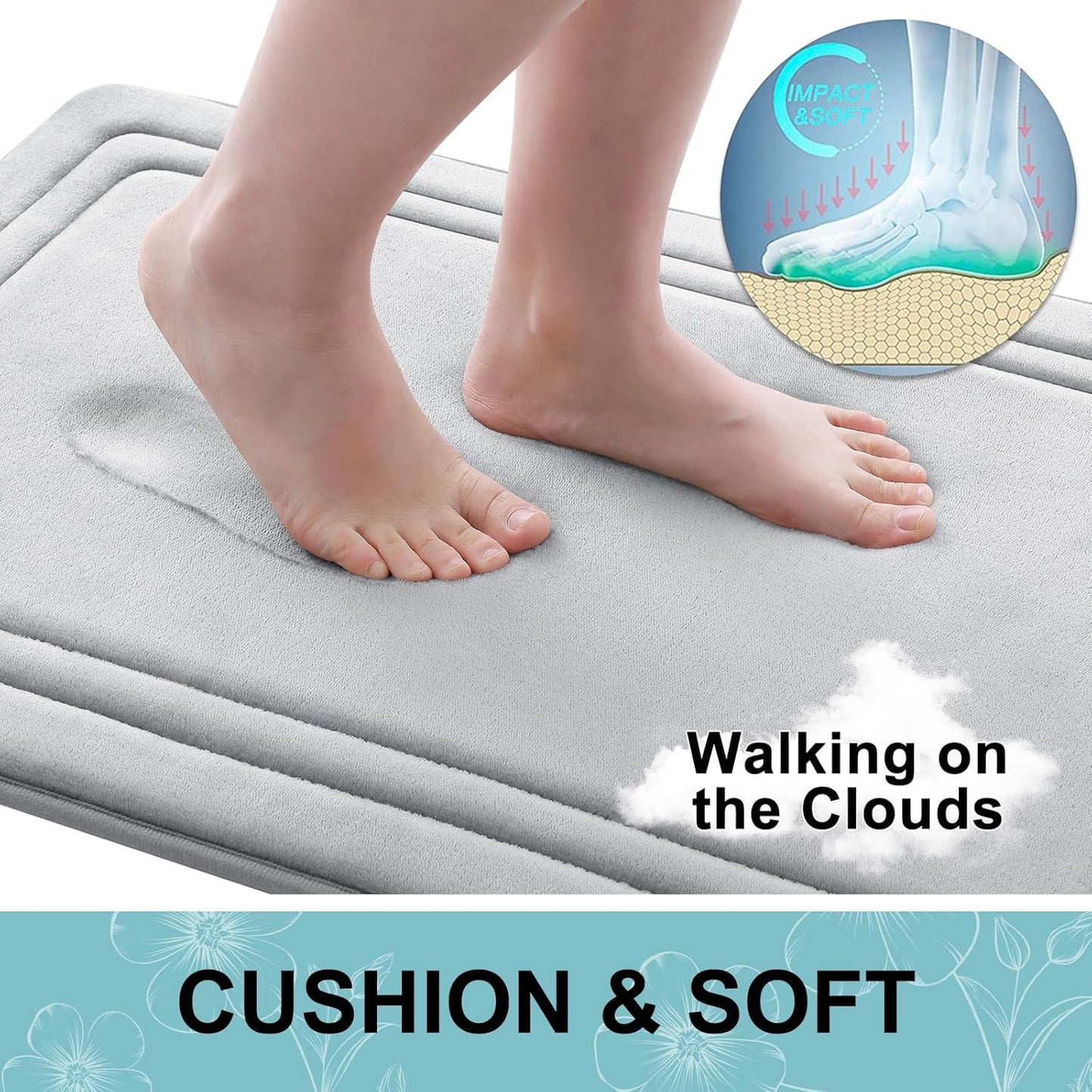 Grandaily Memory Foam Bath Mat Rug 24x16, Ultra Soft, Non-Slip and Absorbent Bathroom Rugs, Machine Wash Dry, Comfortable Bath Carpet for Bathroom Floor, Tub and Shower, Grey