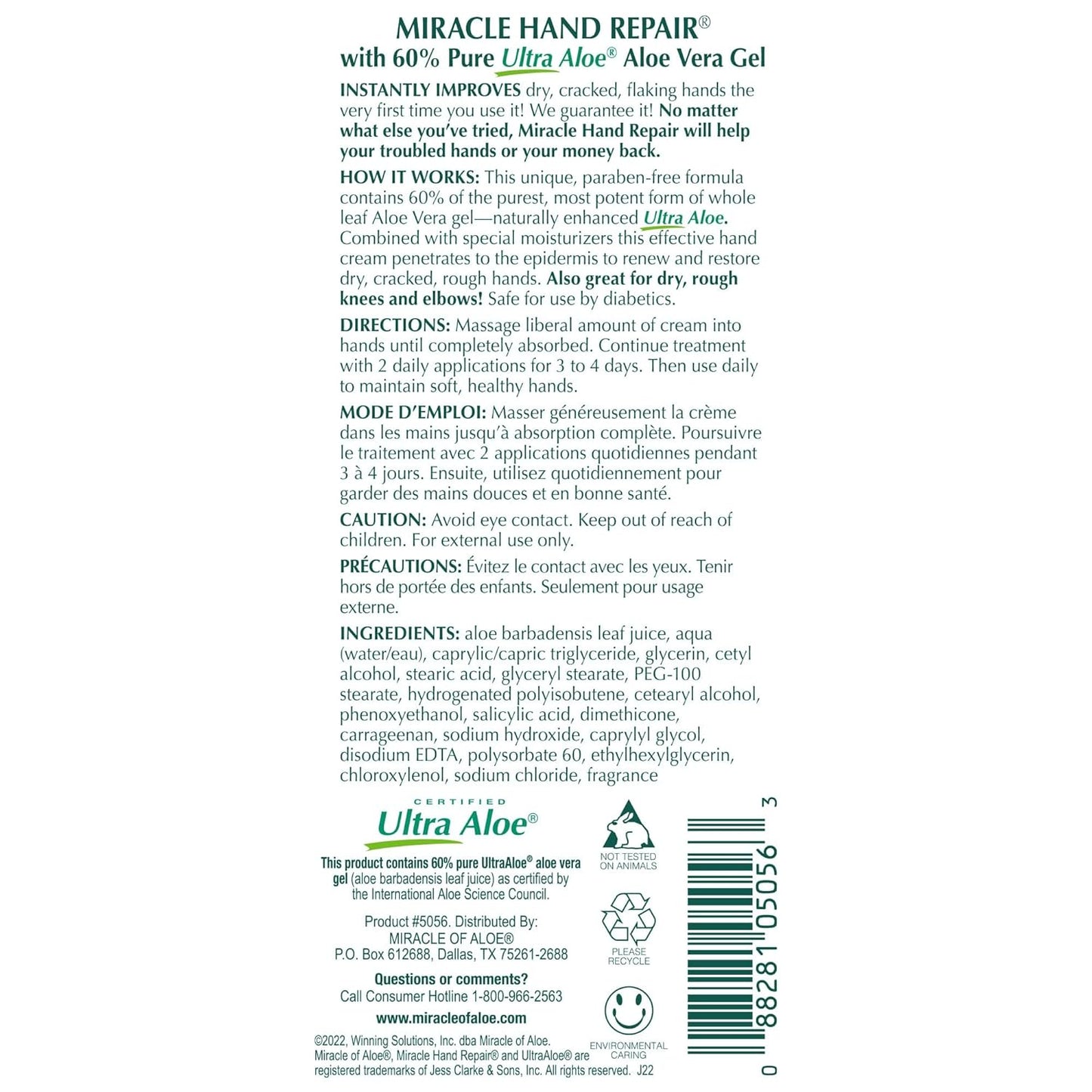 Miracle Hand Repair Cream for Dry Cracked Hands 4 oz Best Healing Hand Cream with 60% Aloe Vera - Non-Greasy Moisturizer for Working Hands - Fast Absorbing Lotion for Extremely Dry Skin (2-Pack)