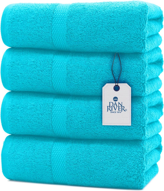 DAN RIVER Bath Towels Set of 4, 27 x 54 Inches, 100% Cotton, Larger & Lighter Weight, Quicker to Dry, Super Soft and Absorbent, Ideal Aqua Bath Towels for Daily Use