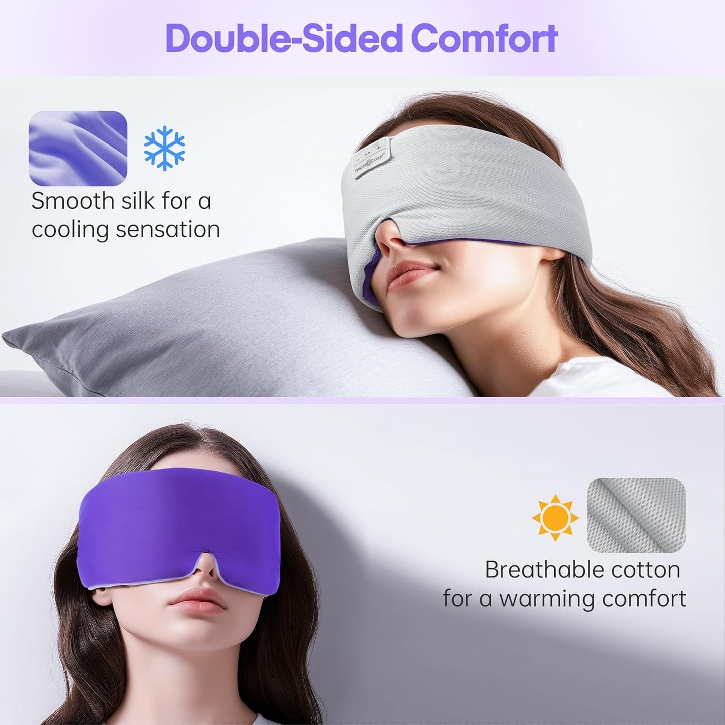 MUSICOZY Ice Silk Sleep Headphones with Bluetooth Mask, Eye Mask for Sleeping in Total Darkness, 5.4 Bluetooth Sleep Mask Sleep Headphones, Soft, Gifts for Men Women (Purple)