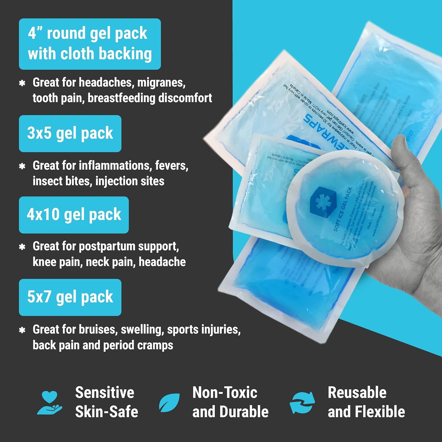 ICEWRAPS Reusable Multipurpose Gel Ice Packs in 4 Sizes - Hot Cold Pack for Kids Injuries, First Aid, Sport Injuries, Breastfeeding, Wisdom Teeth, Muscle and Joint Pain Relief - 7 Pack - Set A