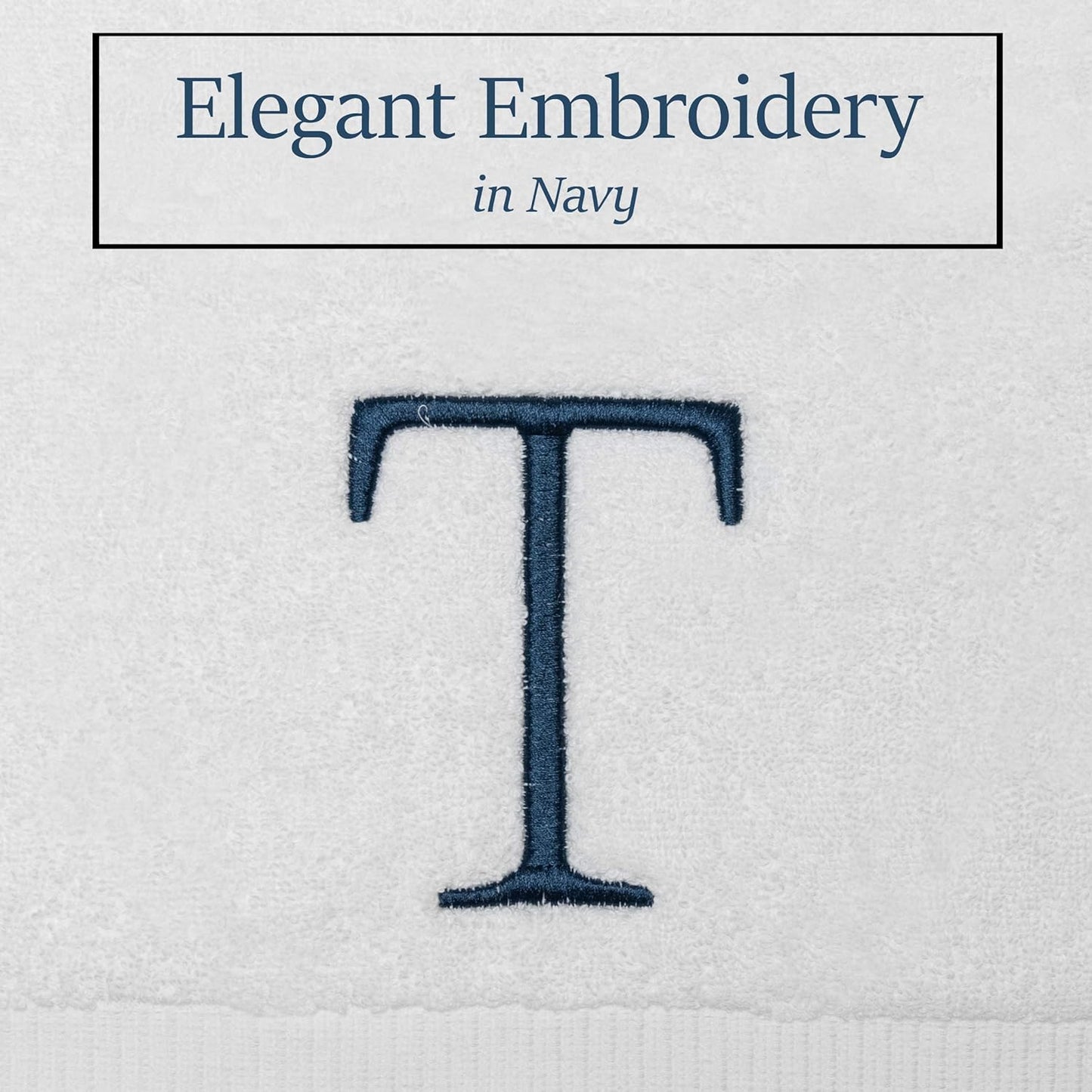 Monogrammed Hand Towels for Bathroom - Luxury Hotel Quality Personalized Initial Decorative Embroidered Bath Towel for Powder Room, Spa - GOTS Organic Certified - Set of 2 Navy Letter T