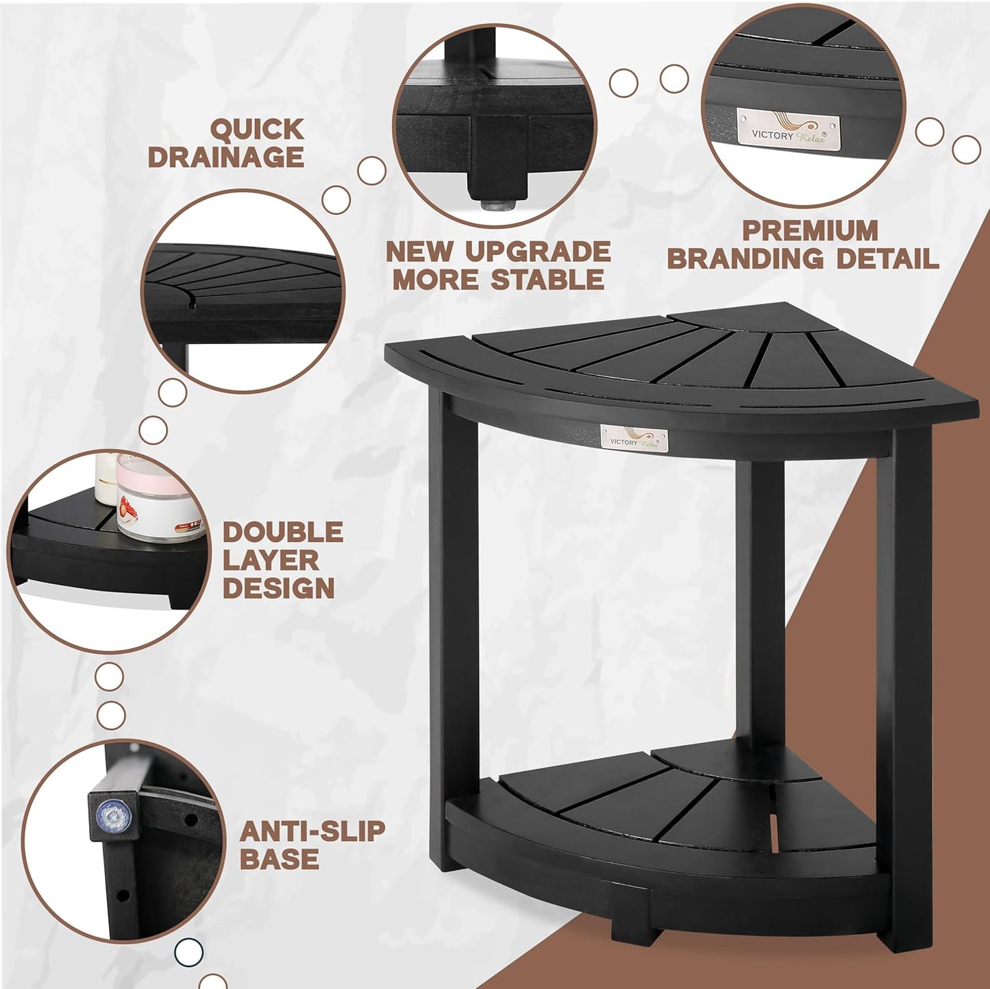 Acacia Corner Shower Stool, Waterproof Spa Foot Rest & Bath Bench with Storage Shelf & Soap Dish, Ideal for Bathroom, Shaving Legs, or as Small Corner Table/Step Stool (Black)