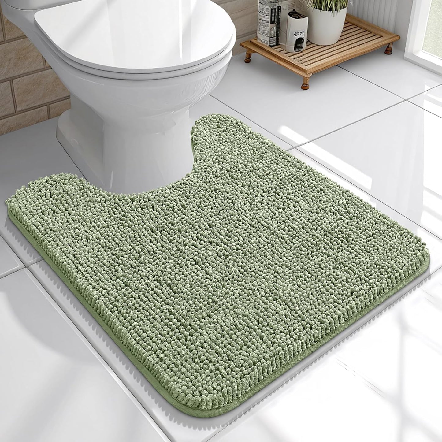 OLANLY Toilet Rugs U-Shaped 20x20, Extra Soft Absorbent Chenille Contour Bathroom Rugs for Toilet, Dry Quickly, Machine Washable, Non-Slip Bath Mat, Sage Green