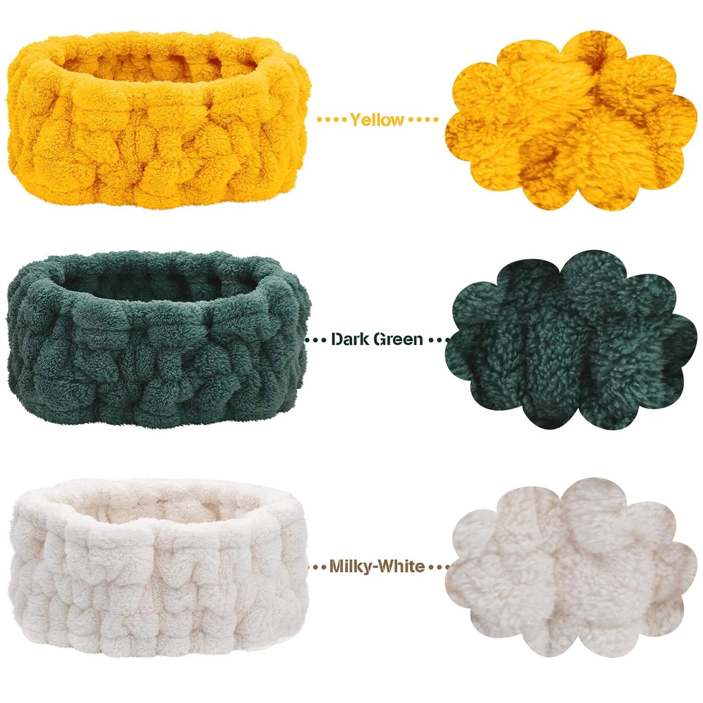 Chuangdi 3 Pieces Spa Headband for Women Facial Makeup Headband Soft Terry Cloth Hairband for Washing Face Mask Spa Shower Gifts(Milky-White, Yellow, Dark Green)