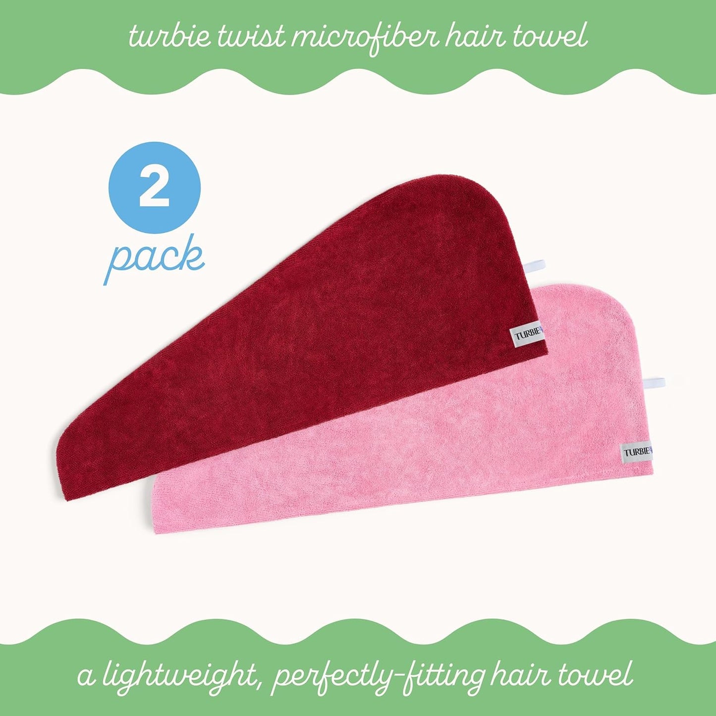 Turbie Twist 2-Pack Microfiber Hair Towel for Beauty, Travel, Gifting - Wrap Turban for Straight, Wavy & Curly Hair - Premium Personal Care - Deep Claret & Sea Pink