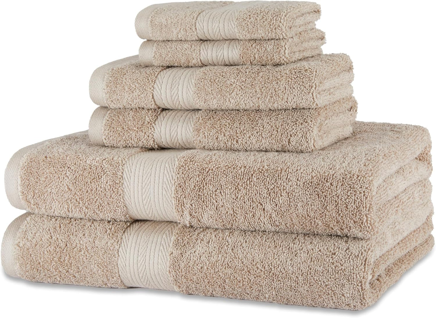 Amazon Basics Fade Resistant Bath, Hand and Washcloth Towel Set, 100% Cotton, Set of 6, 30 x 54 inches, Taupe