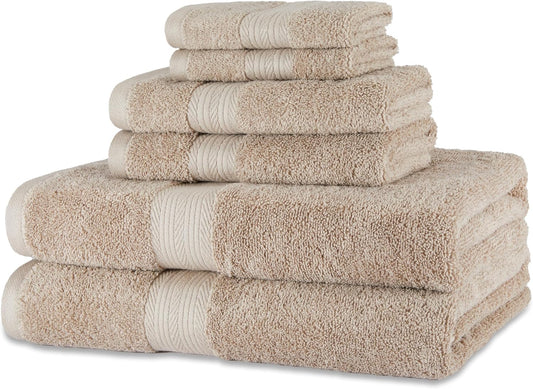 Amazon Basics Fade Resistant Bath, Hand and Washcloth Towel Set, 100% Cotton, Set of 6, 30 x 54 inches, Taupe