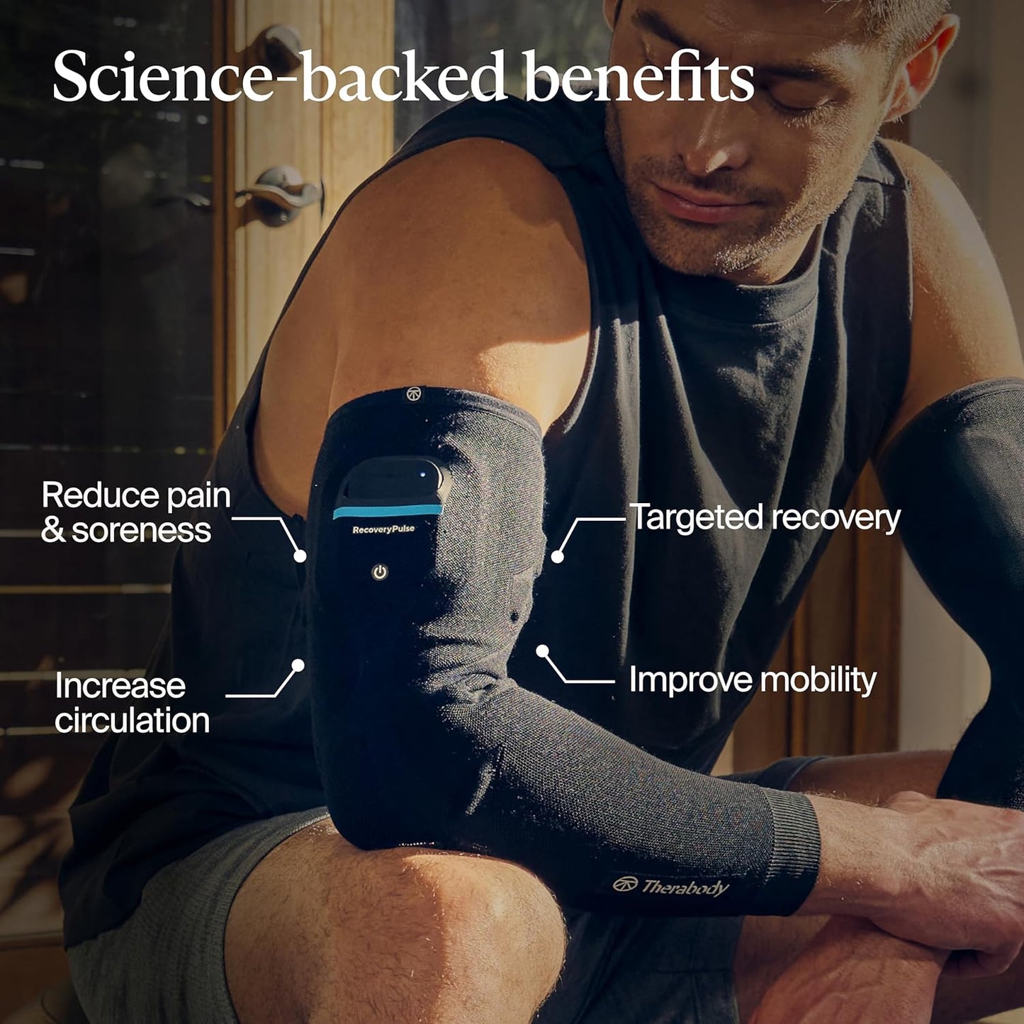 Therabody RecoveryPulse Arm - Compression and Vibration Sleeve for On The Go Relief, Reduce Soreness and Pain in Arms, Increase Flexibility, Circulation and Accelerate Recovery (Large)