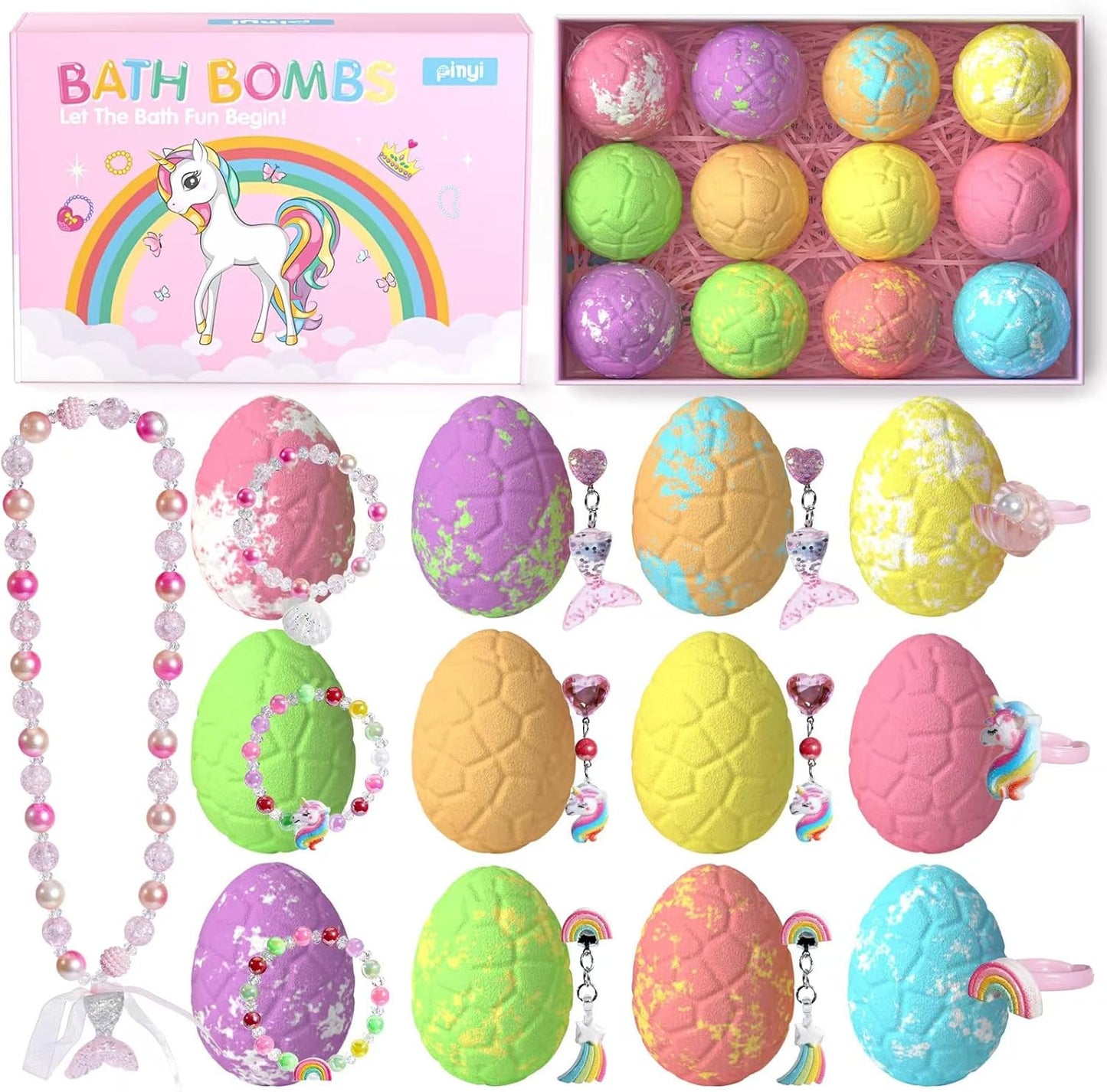Kids Bath Bombs for Girls with Toys Inside, 12+1 Pack Unicorn Bath Bombs with Surprise Jewelry for Kids, Princess Girls BathBombs with Mermaid Necklace 3 4 Year Old Girl Birthday Easter Gifts