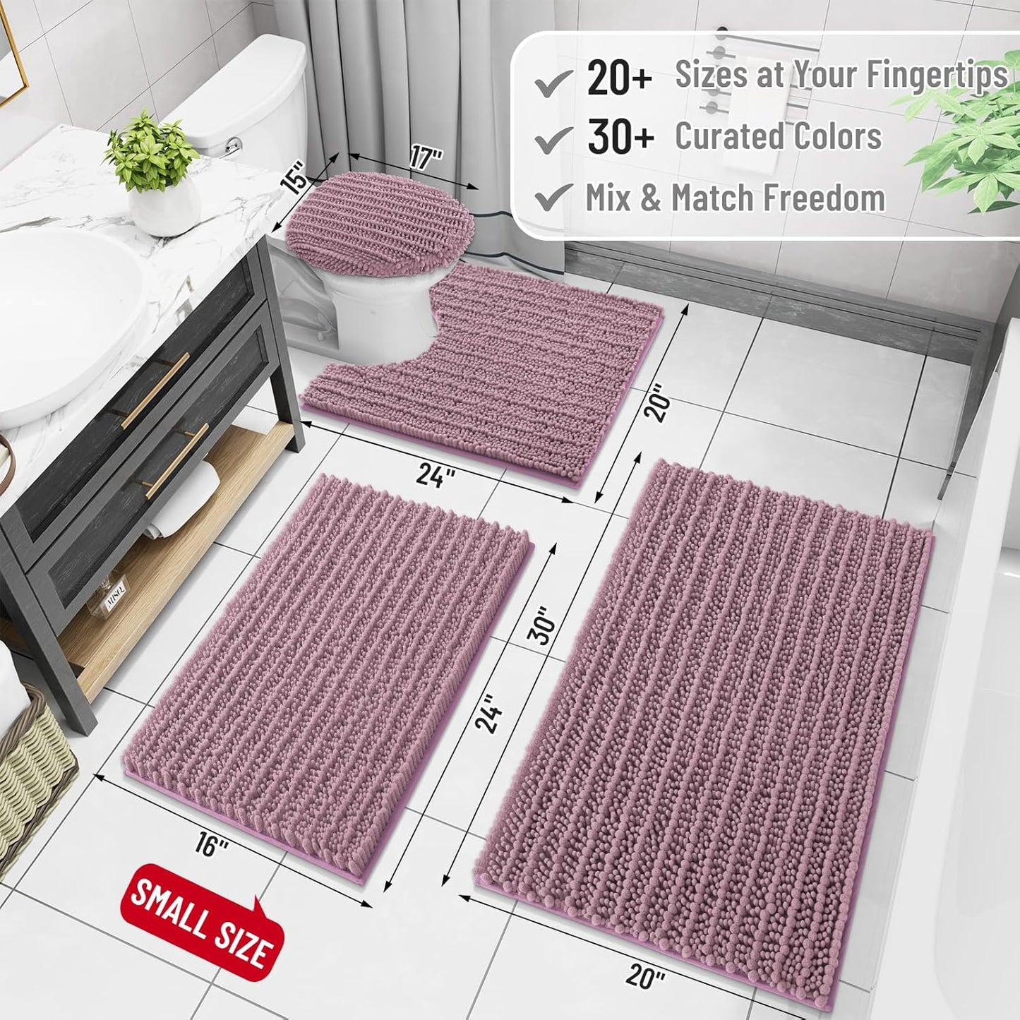 Arotive Luxury Chenille Bathroom Rug Mat, Extra Soft Thick Absorbent Shaggy Bath Rugs, Non-Slip Machine Wash Dry, Plush Bath Mats for Bathroom, Shower and Tub, 24x16, Deep Plum