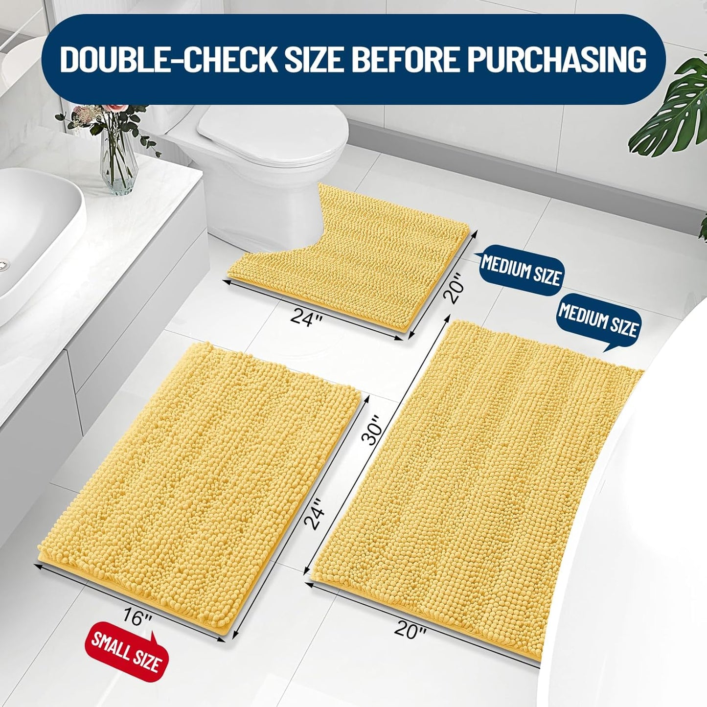 Grandaily Chenille Striped Bathroom Rugs 36x24, Extra Thick and Absorbent Bath Mats, Non-Slip Soft Plush Shaggy Shower Carpet, Machine Wash Dry, Bath Rug for Bathroom, (Large, Yellow)