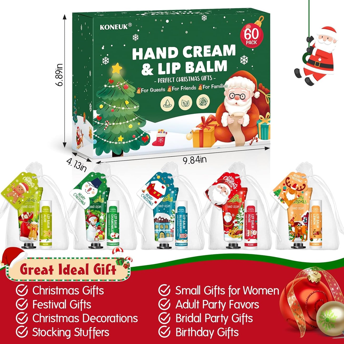 60 Pack Christmas Hand Cream and Lip Balm Set, Stocking Stuffers for Women, Bulk Hand Lotion for Christmas Gifts, Christmas Party Favors, Party Supplies and Christmas Decorations