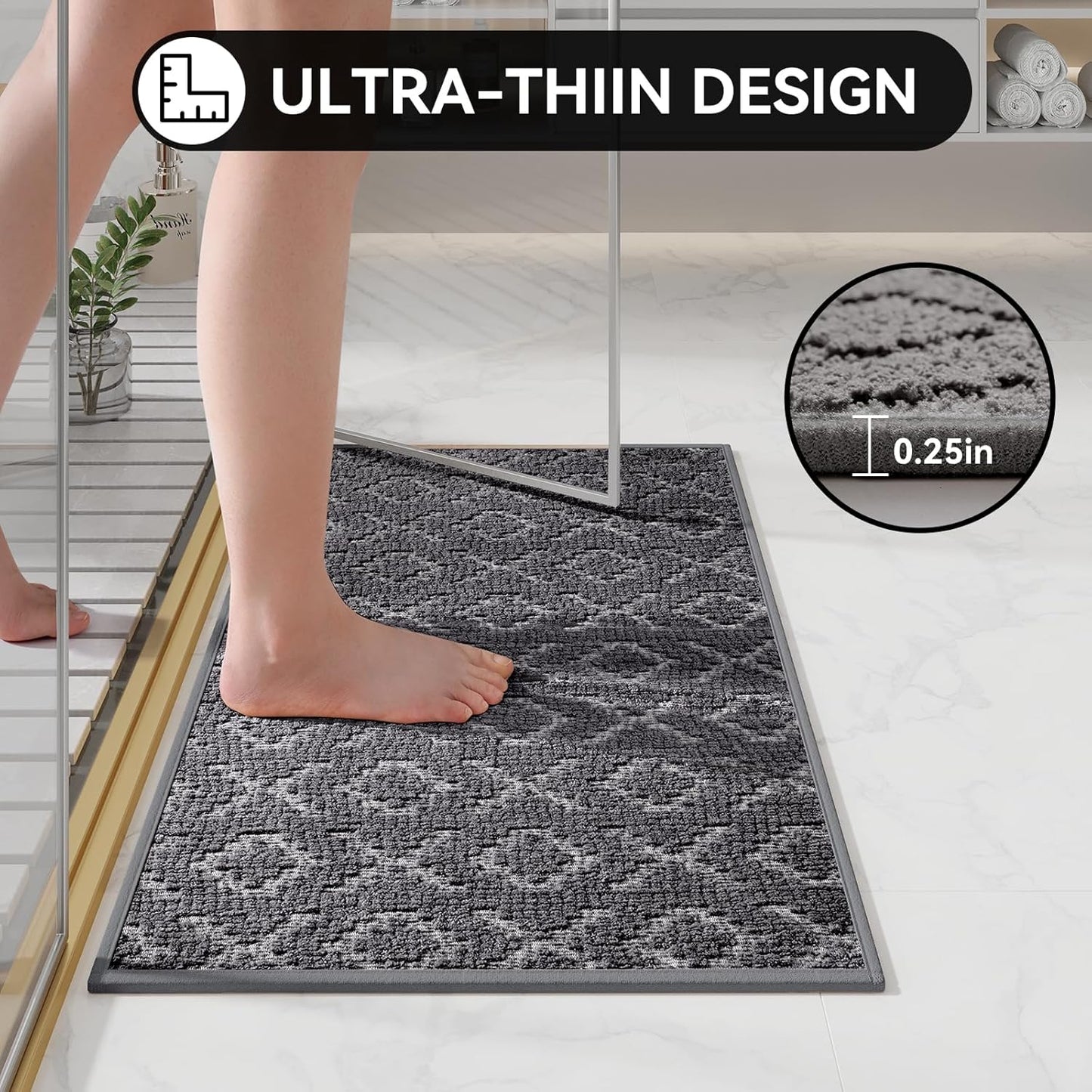Bathroom Rugs Non Slip, Super Absorbent Quick Dry Bath Mat, Rubber Backing Ultra Thin Bathroom Mats Fit Under Door Bathroom Floor Bathtub Shower