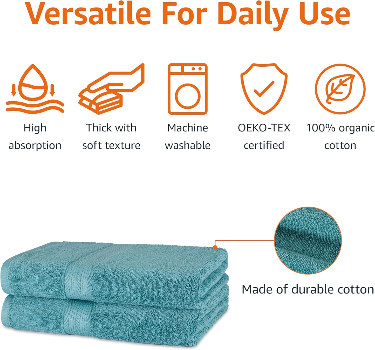 Amazon Basics Fade-Resistant 100% Cotton Bath Towel, 2 Pack, 30"x54", Teal Green