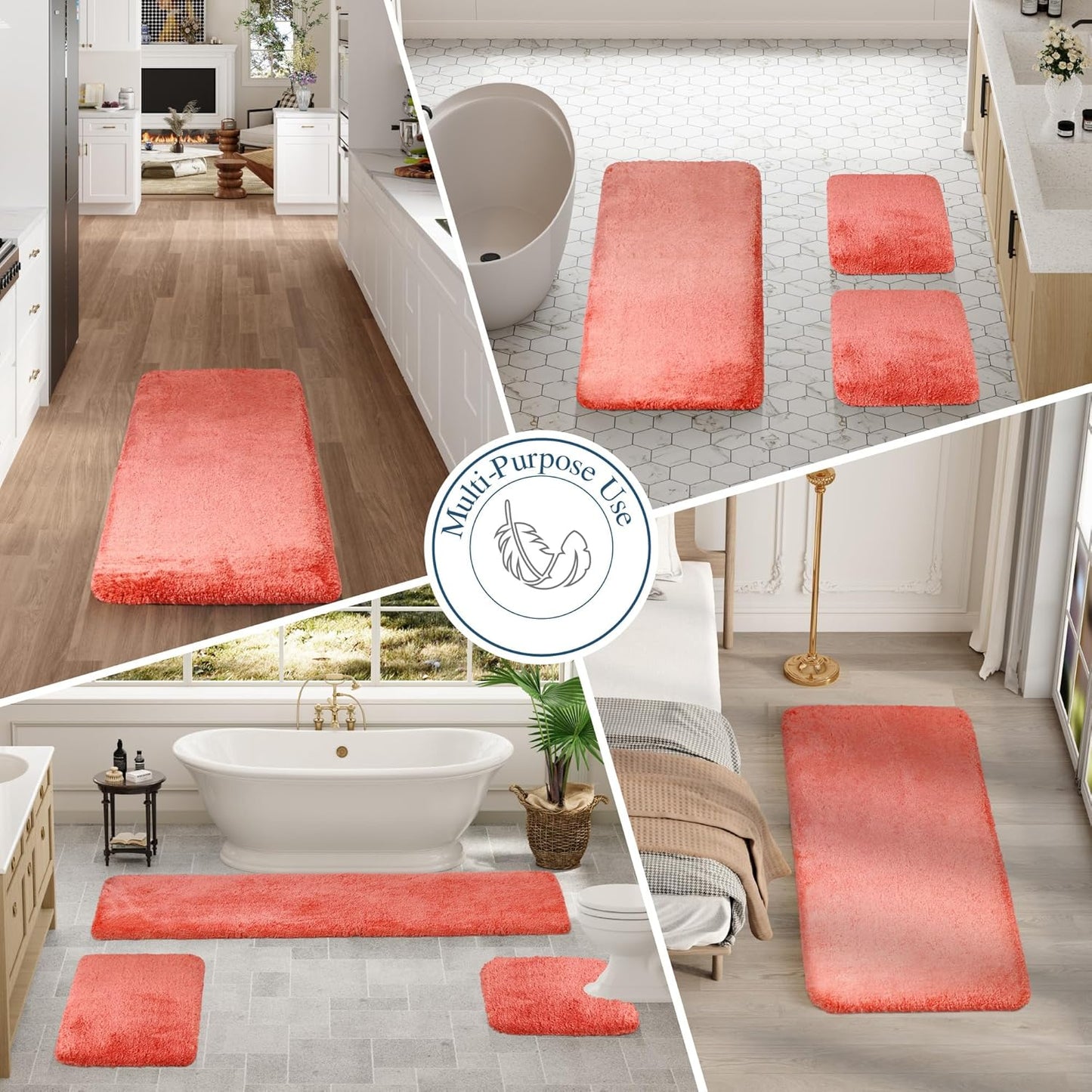 Walensee Bathroom Rug, Living Coral, 24" x 60", Extra Soft, Absorbent Shaggy Microfiber, Non-Slip, Machine Washable