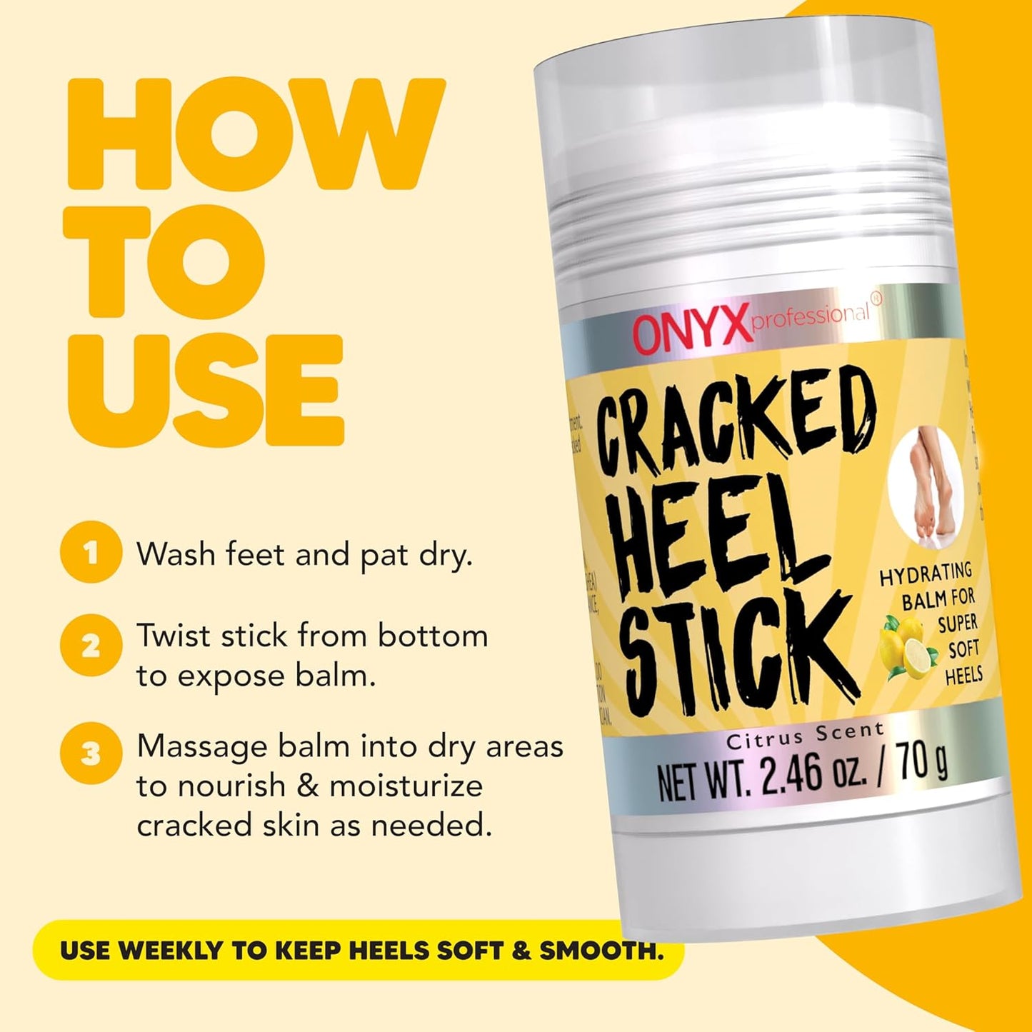 Onyx Professional Cracked Heel Repair Balm Stick, Citrus Scent, 1 Pack - Dry Heels Dry Cracked Feet Treatment, Moisturizing Heel Balm Rolls On, No Mess Like Foot Cream or Foot Lotion