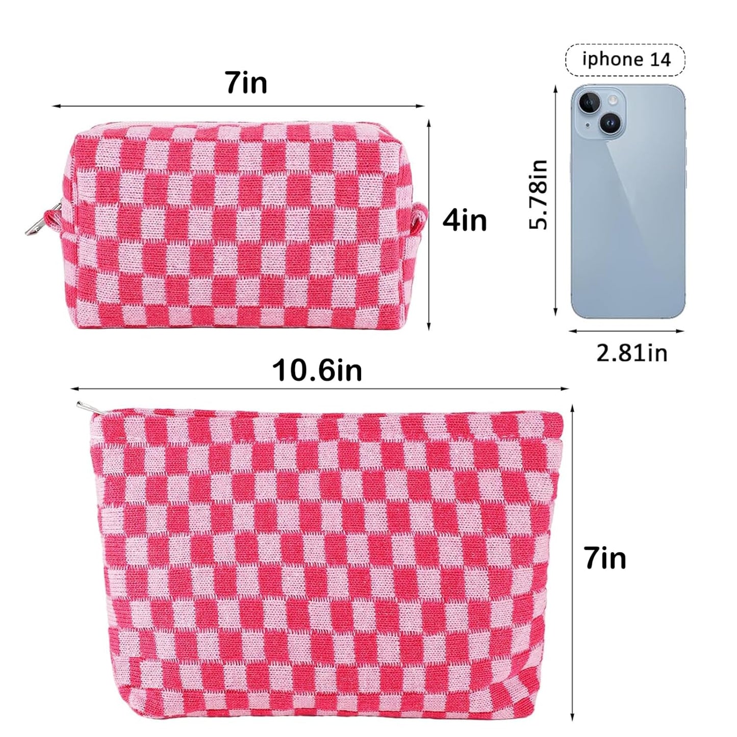 ZLFSRQ 2Pcs Makeup Bag Checkered Cosmetic Bag Set Travel Toiletry Bags for Purse Large Small Makeup Pouch for Women Cute Preppy Pencil Pouch Case Pink Zipper Skincare Bags