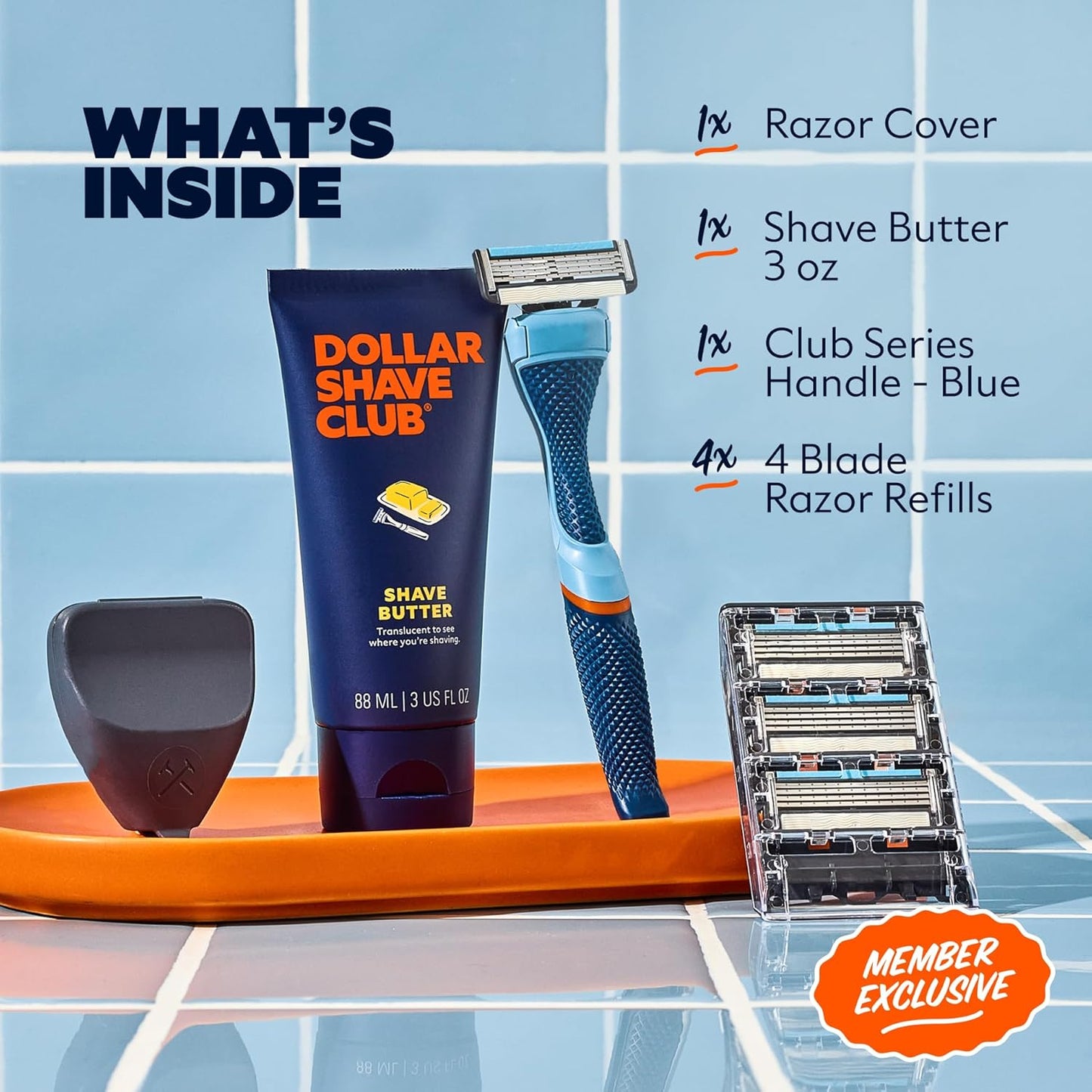 Dollar Shave Club | The Member Exclusive Shave Set | 4 Swift Rinse Refill Cartridges, 1 Handle (Blue), 1 Shave Butter 3 ounce, 1 Razor Cover, Razors for Men