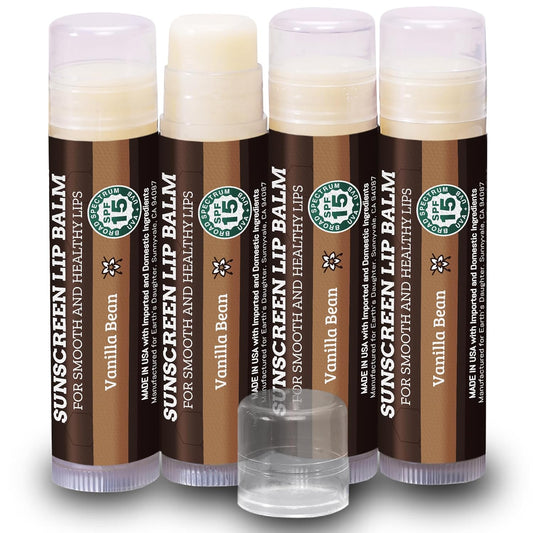Earth's Daughter SPF Lip Balm 4-Pack - Lip Sunscreen, SPF 15, Organic Ingredients, Vanilla Flavor, Beeswax, Coconut Oil, Vitamin E - Hypoallergenic, Paraben Free, Gluten Free