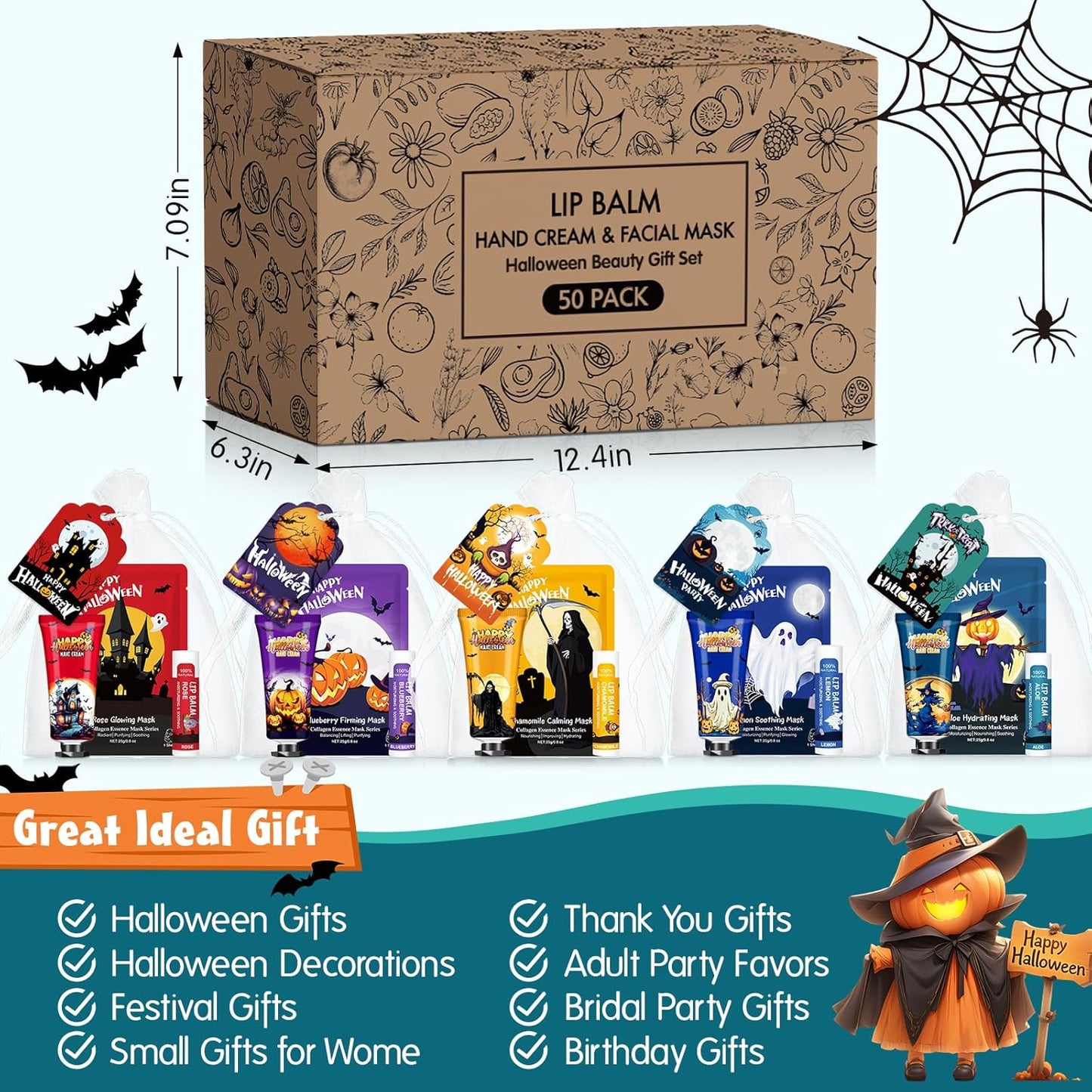 VESPRO 50 Pack Halloween Hand Cream, Facial Mask and Lip Balm Set, Bulk Halloween Gifts for Women, Halloween Decorations, Halloween Party Favors, Halloween Basket Stuffers and Halloween Skincare