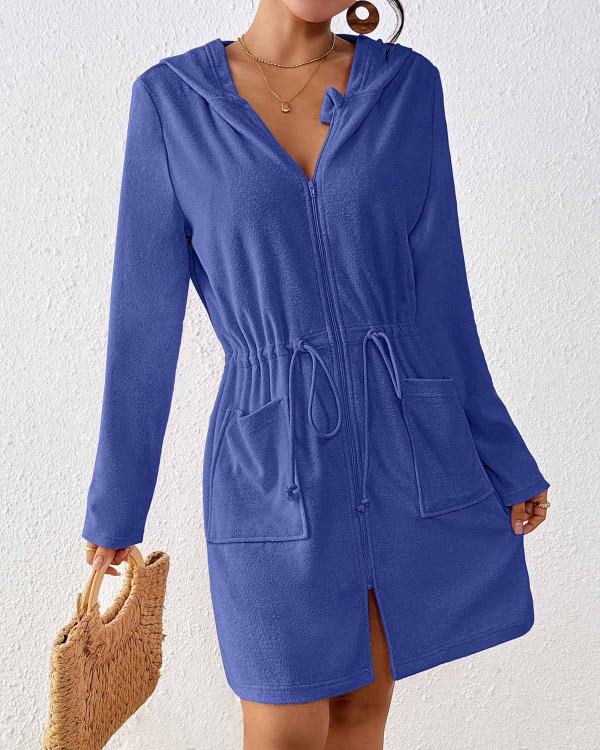 Bsubseach Terry Cloth Cover Up - Women Zip Up Long Sleeve Swimsuit Coverup Hooded Bath Robes with Pockets