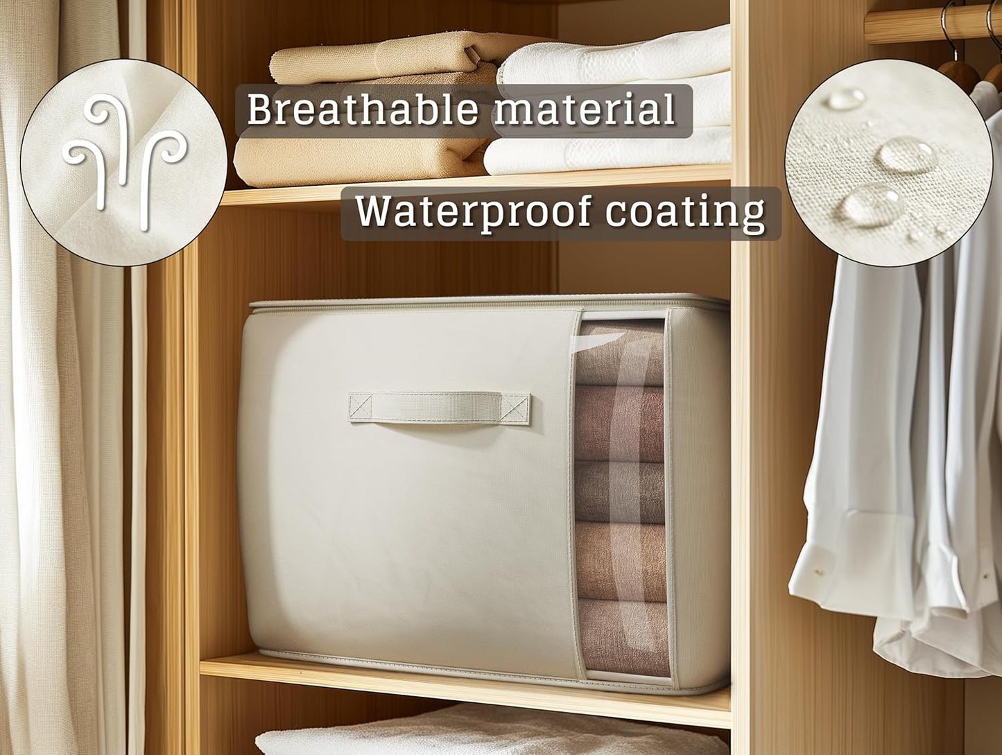 Large Canvas Clothes Storage Bags with Thick Handles and Clear Window, Foldable Cotton Linen Underbed Closet Organizer for Clothing, Blankets and Bedding, 60L, 6 Pack, Beige