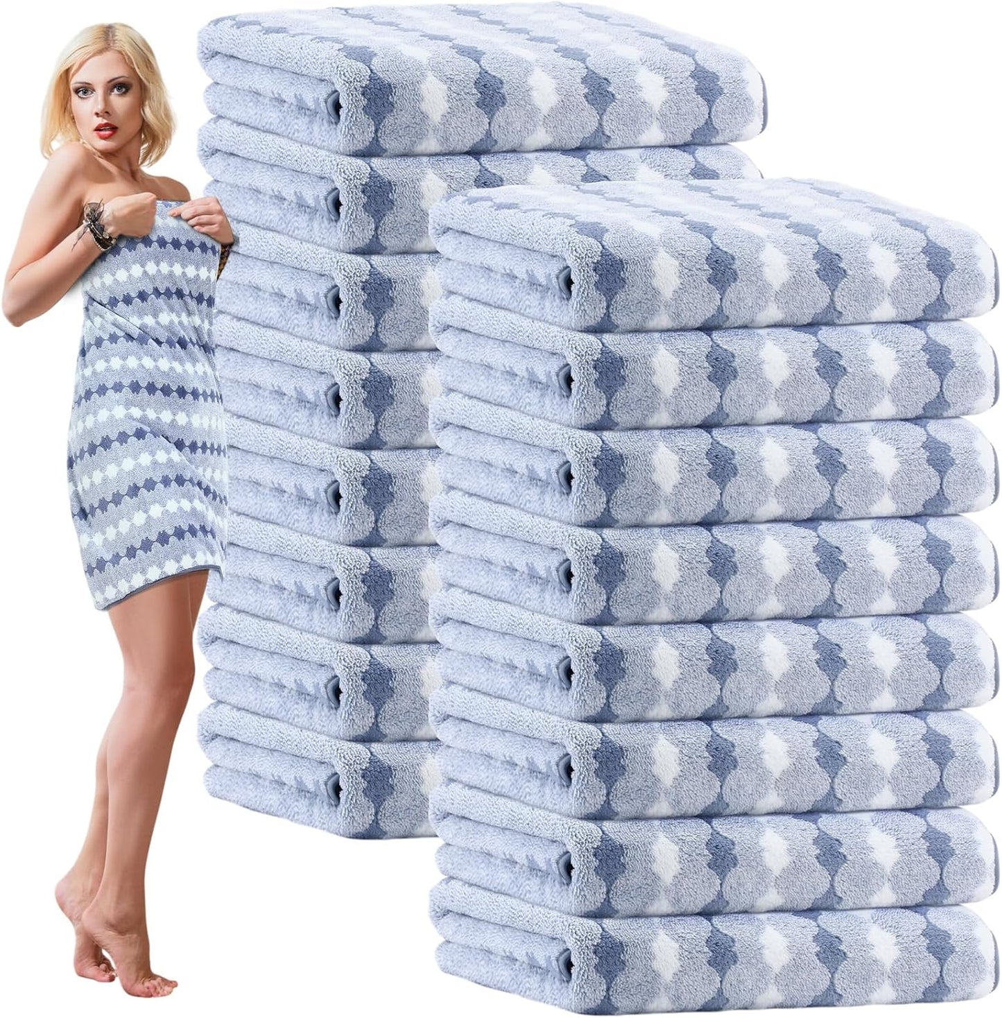 16 Pack Microfiber Bath Towels Bulk 27'' x 60'' Oversized Size Bath Towel Highly Absorbent Extra Large Soft Drying for Shower Beach Salon Winter Sport Spa Gym (Cone,Blue)